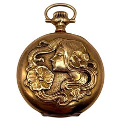 Antique 1903 Art Nouveau Portrait Repousse Gold Filled Pocket watch by Waltham