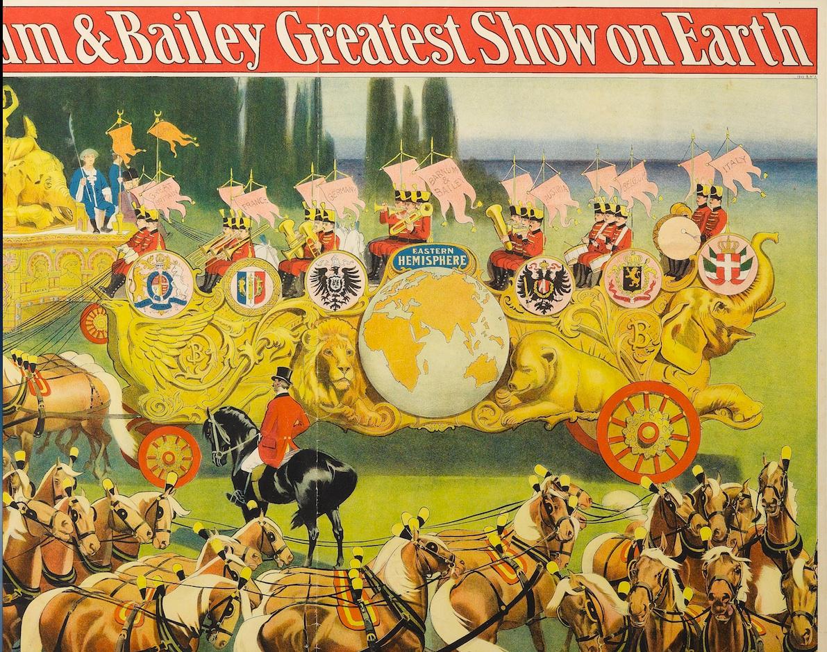This is a colorful 1903 lithographic Barnum & Bailey circus poster, announcing “The Barnum & Bailey Greatest Show on Earth.” The dynamic, involved composition features the iconic 