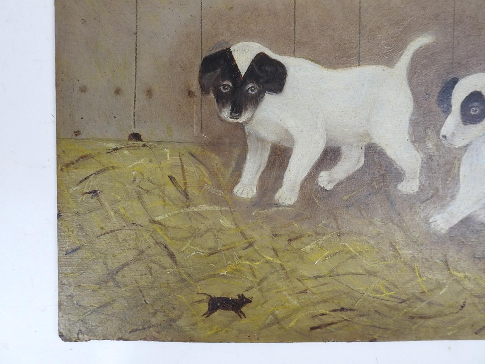 American 1903 Folk Art Puppy Dogs and Mouse Painting For Sale