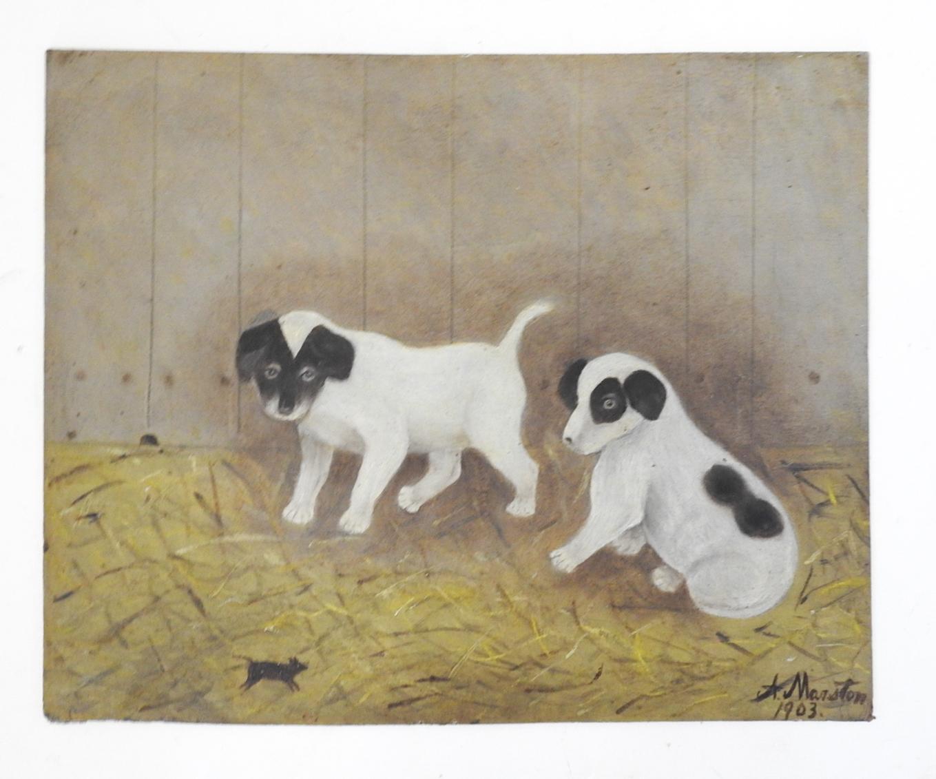 1903 Folk Art Puppy Dogs and Mouse Painting For Sale 1