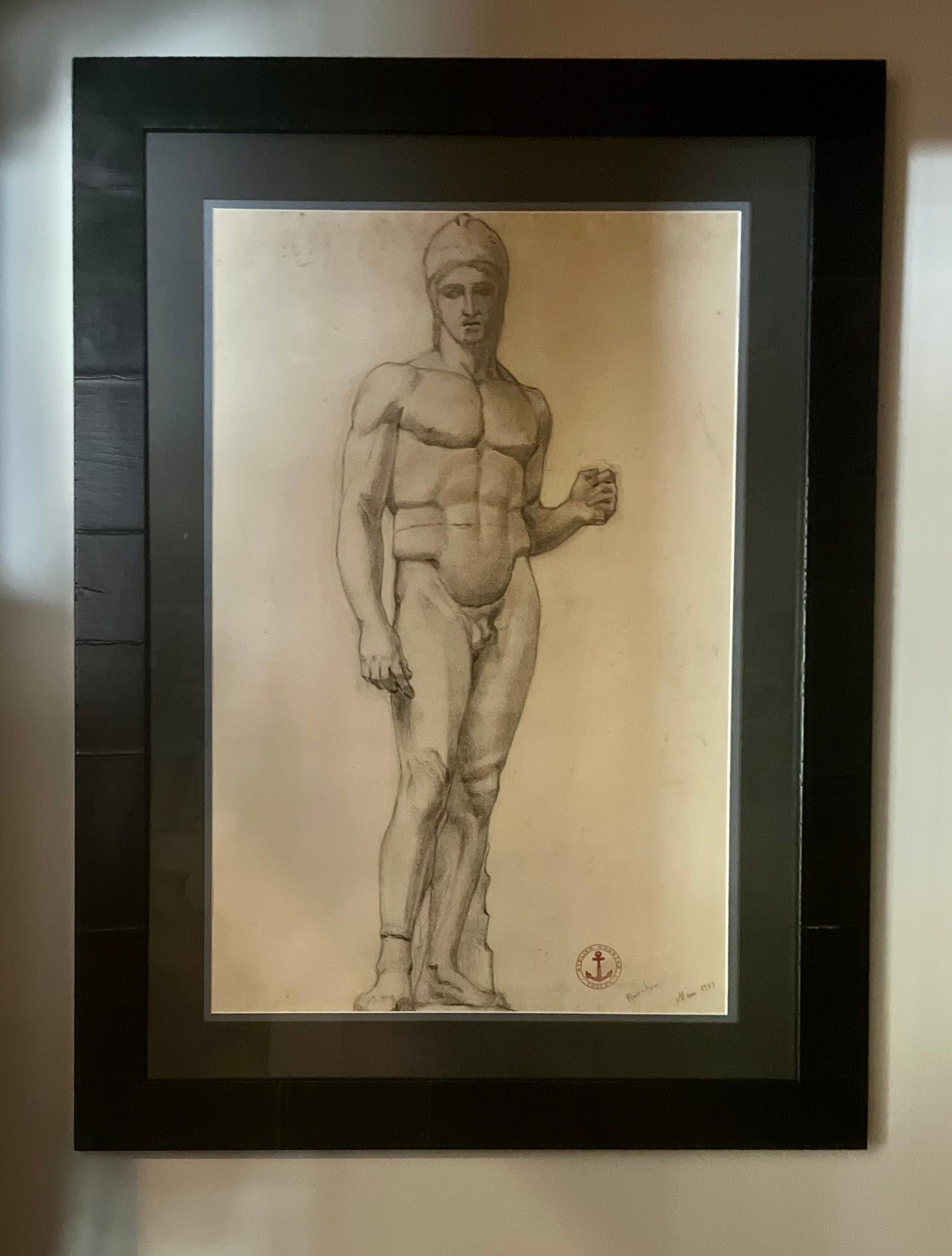 Signed 1903 academic charcoal drawing of standing nude male figure in the classical tradition of the French Academy. Mounted in a custom ebonized wood frame, the image has a strong, forthright quality, and a beautiful treatment of line and