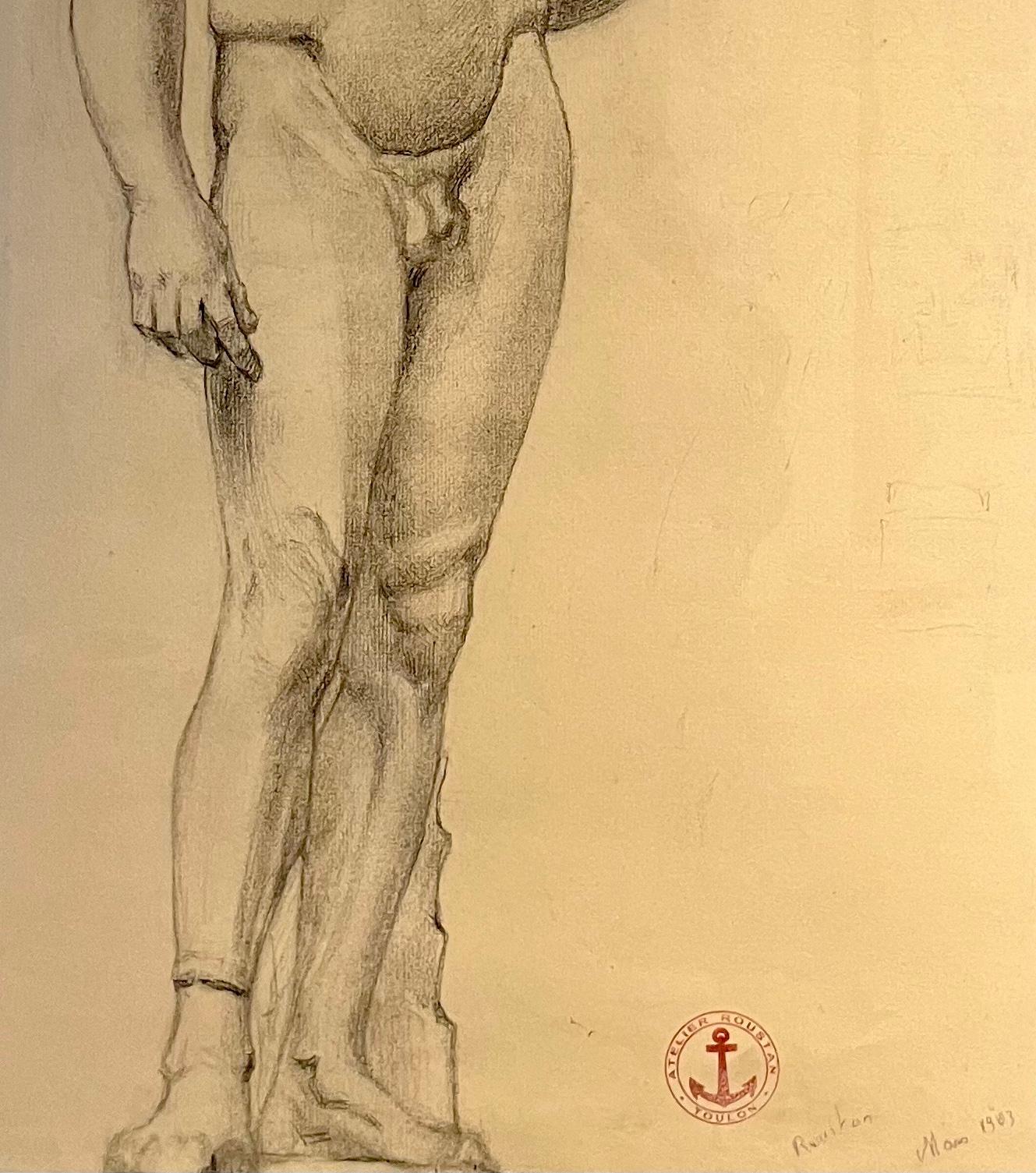 Early 20th Century 1903 French Academic Charcoal Drawing of Standing Nude Figure For Sale