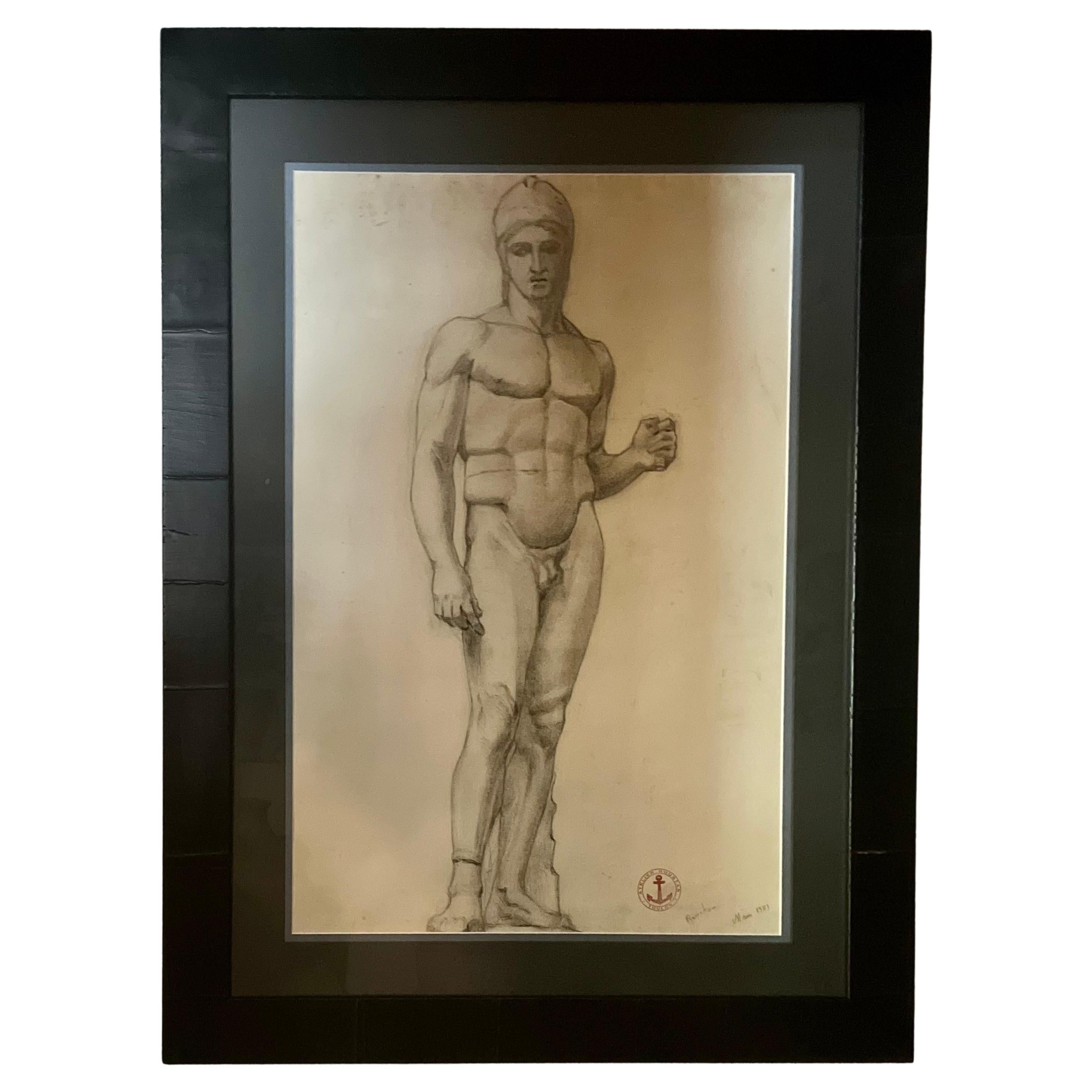 1903 French Academic Charcoal Drawing of Standing Nude Figure