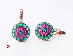 1903 Imperial Russian Earrings Sapphire Ruby Emerald Diamonds 56 Gold / 5 gr