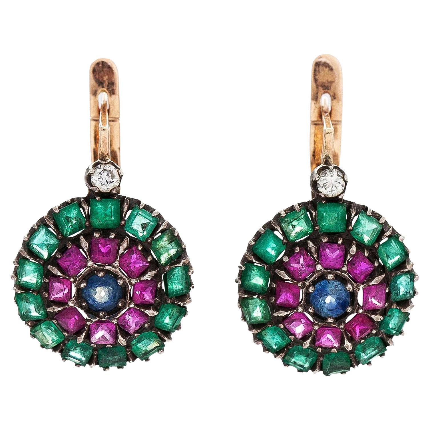 1903 Imperial Russian Earrings Sapphire Ruby Emerald Diamonds 56 Gold / 5 gr For Sale