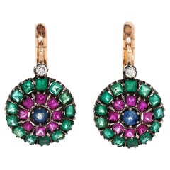 1903 Imperial Russian Earrings Sapphire Ruby Emerald Diamonds 56 Gold / 5 gr