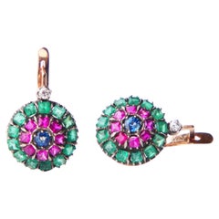 1903 Boucles d'oreilles Imperial Russian Sapphire Ruby Emerald Diamonds 56 Gold / 5 gr