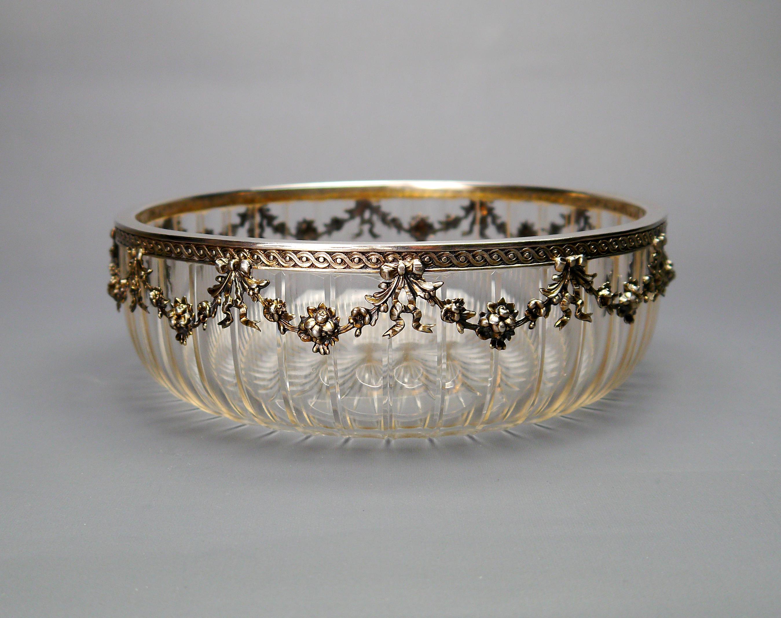 Rough Cut 1903 Nordic Empire Bowl solid Sterling Silver Cut Crystal Glass / 675gr For Sale