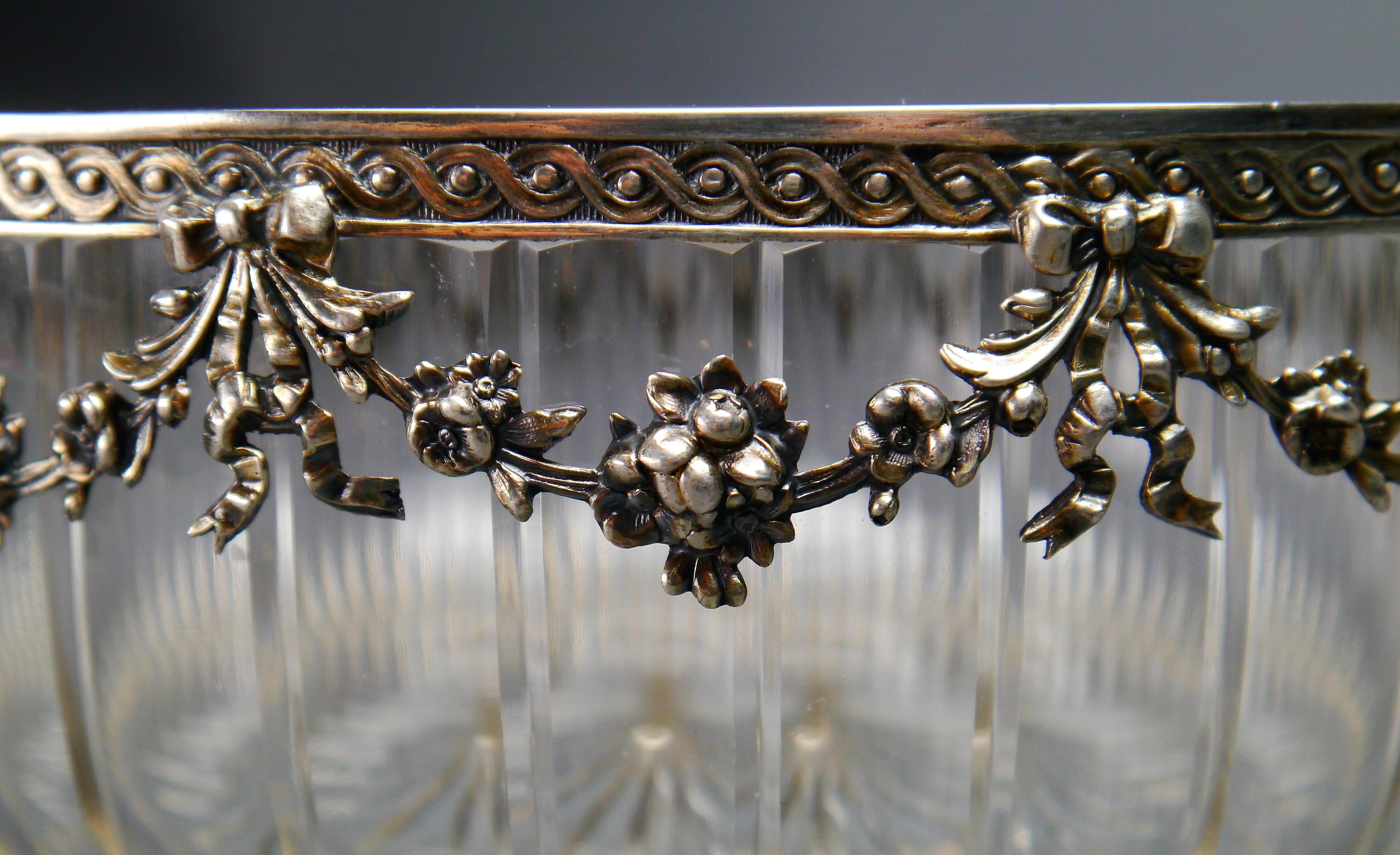 Women's or Men's 1903 Nordic Empire Bowl solid Sterling Silver Cut Crystal Glass / 675gr For Sale
