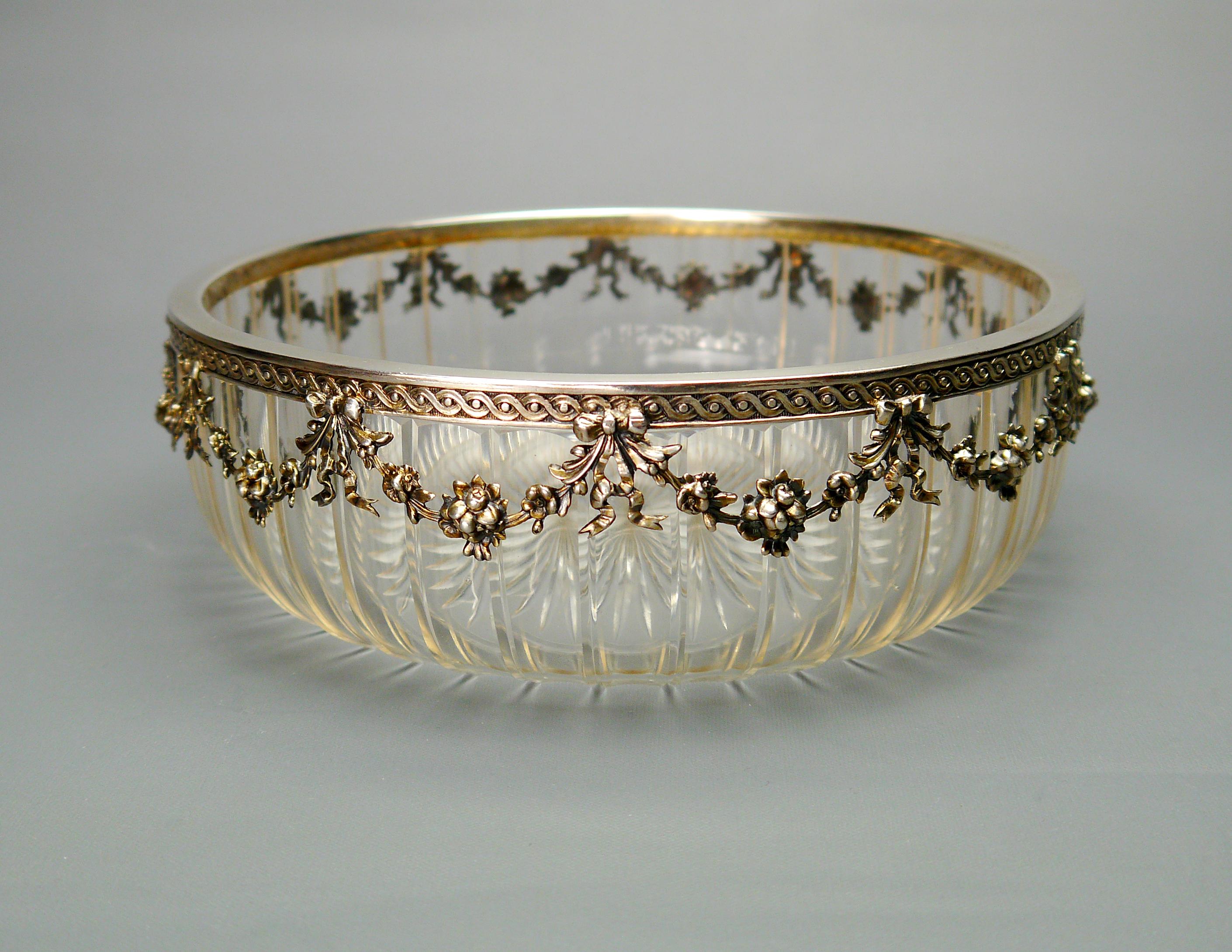 1903 Nordic Empire Bowl solid Sterling Silver Cut Crystal Glass / 675gr For Sale 5