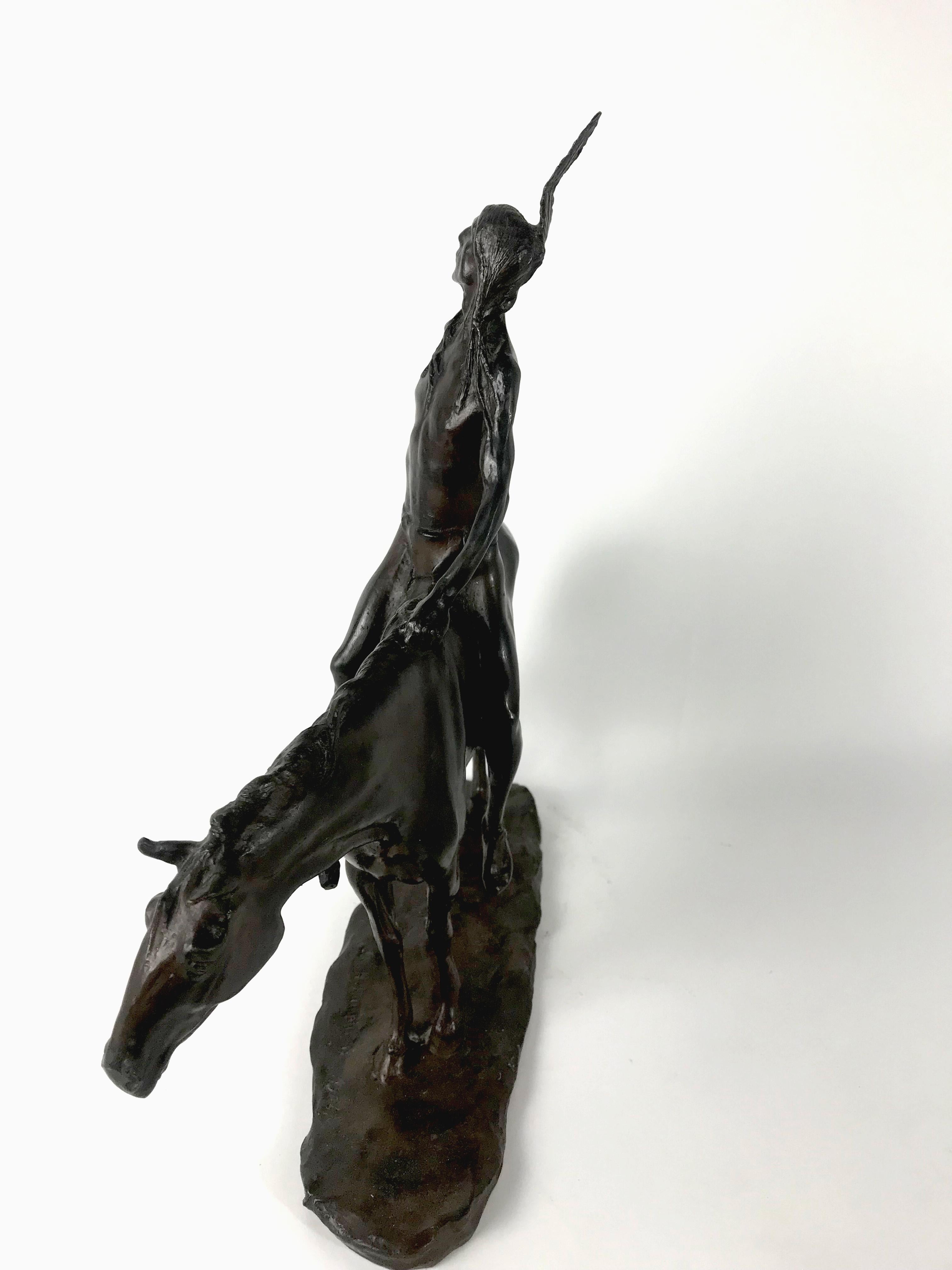 Cast 1904 Antique Bronze Sculpture Native American on Horseback by Charles Humphries
