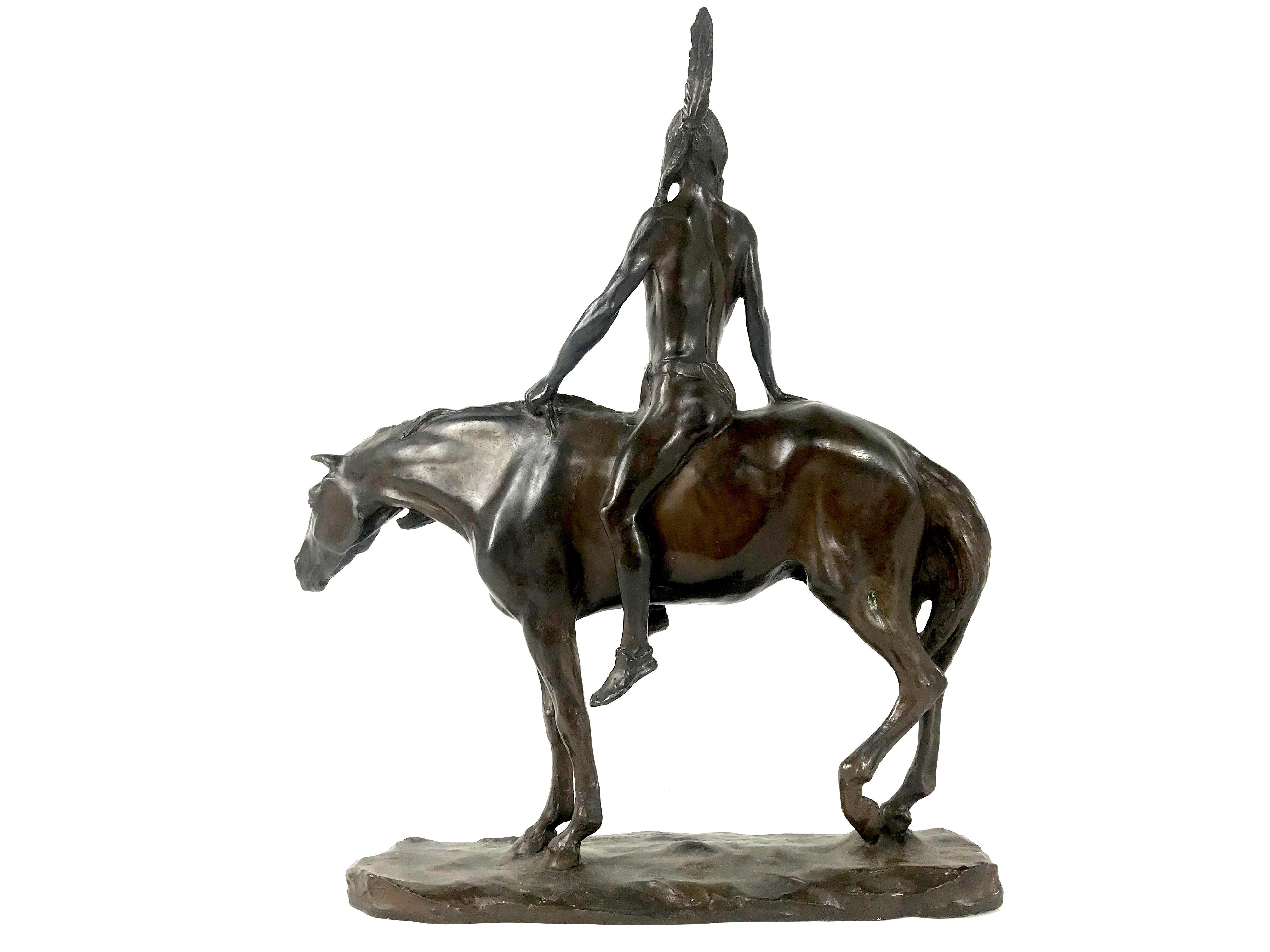 1904 Antique Bronze Sculpture Native American on Horseback by Charles Humphries In Good Condition In Plymouth, MA