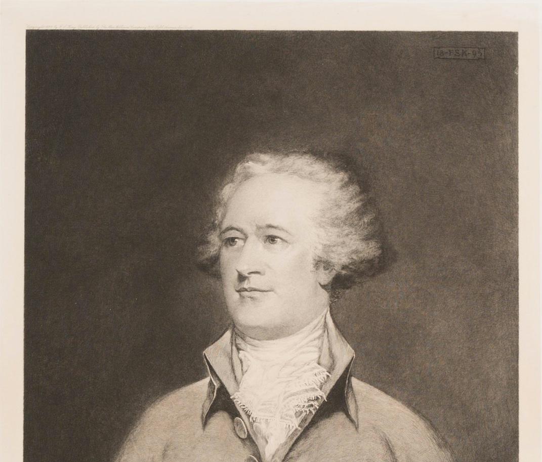 Presented is a Jacques Reich etched head and shoulders portrait of Alexander Hamilton. Reich completed the portrait in 1904. 

Jacques Reich was Hungarian-born portrait etcher, active mainly in the United States. After studying at the National