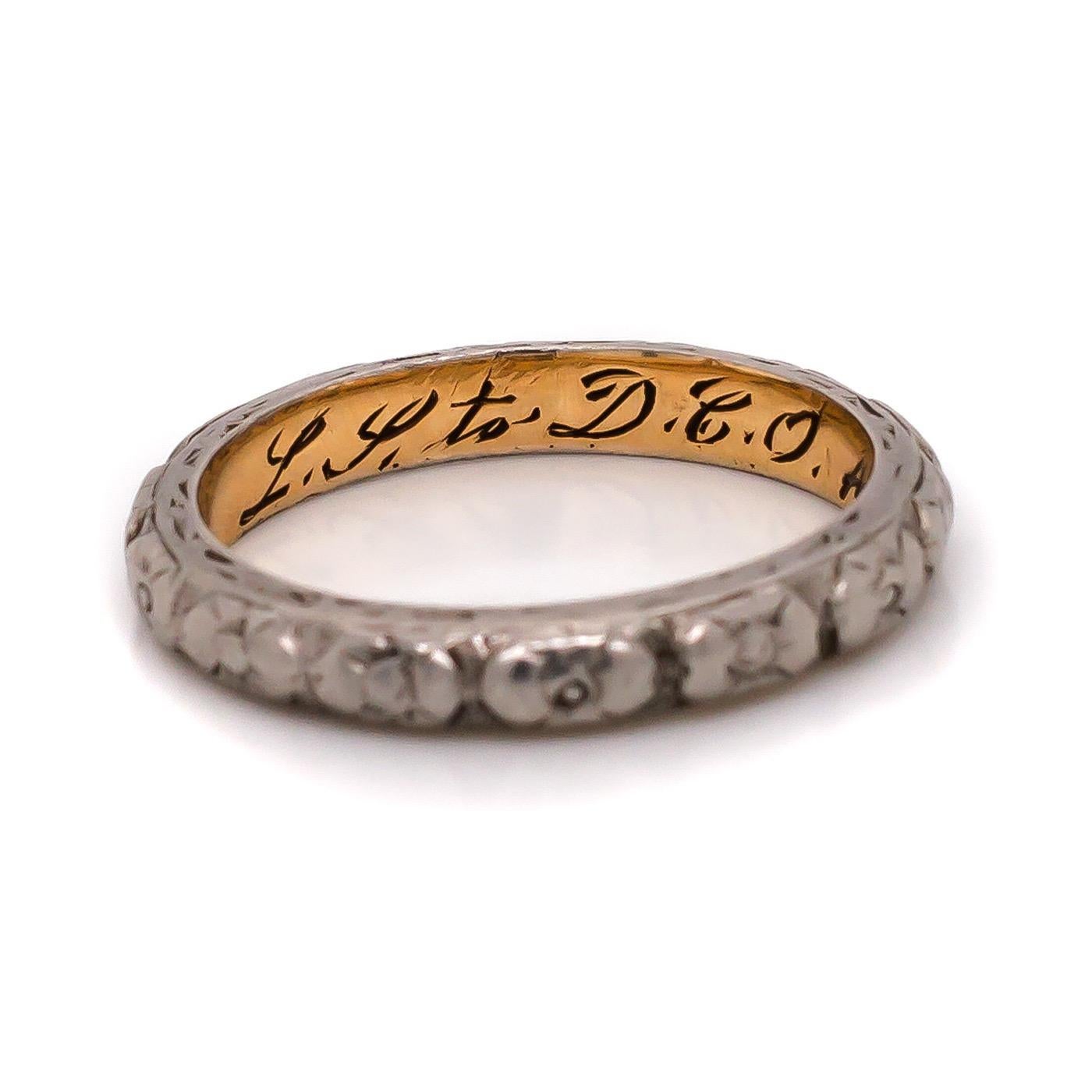 This Art Nouveau Vintage wedding band dates back all the way to 1904. It was was designed in platinum and 18 karat yellow gold! It can be used as a wedding band and with its versatility can also be worn as a beautiful stackable fashion band. A hand