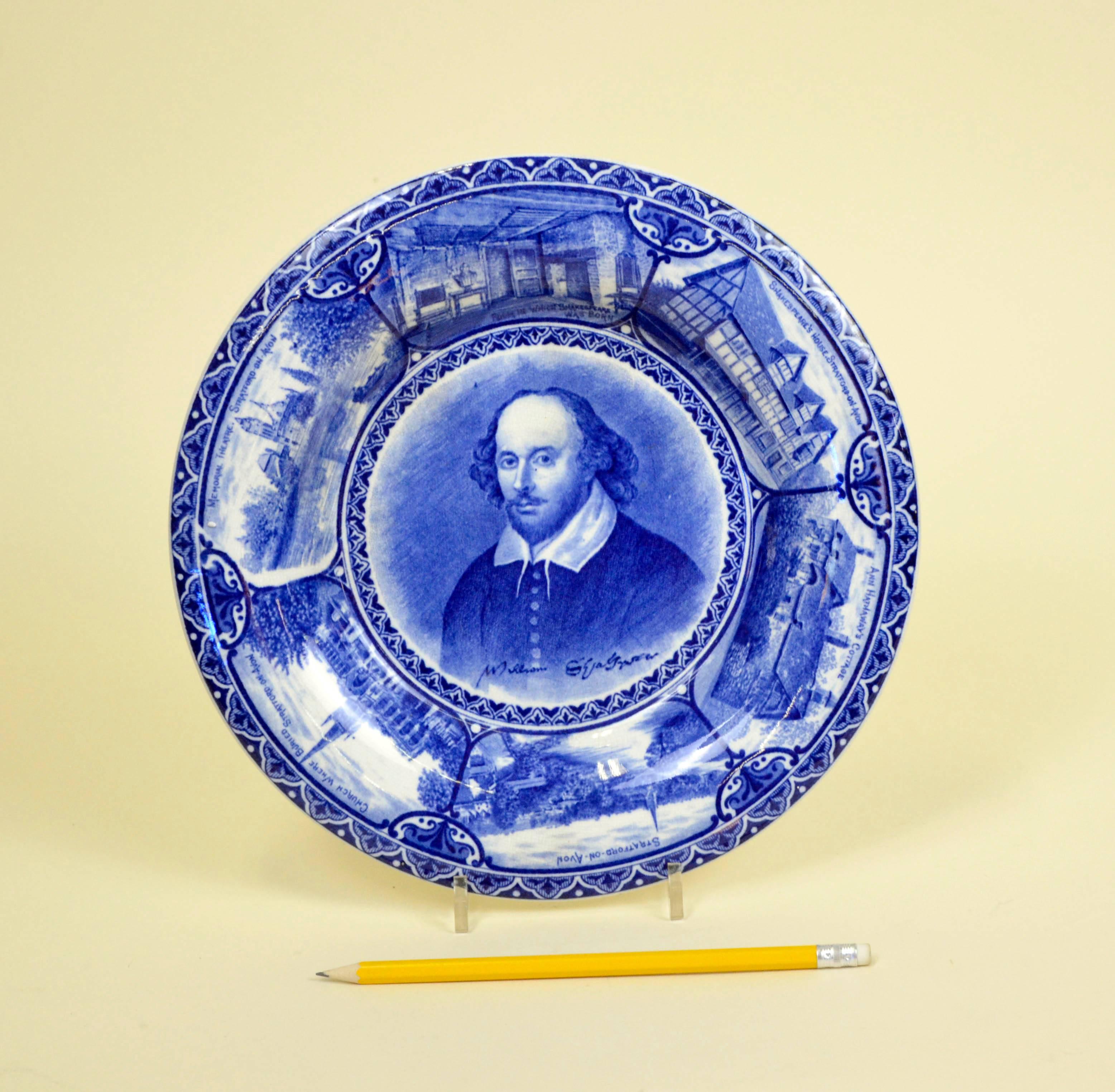 Blue and white transferware wall plate by Samuel Hancock & Sons decorated with a central portrait of William Shakespeare, the border with various associated views and his signature, circa 1904.

Printed makers marks on back: Shakespeare - Opaque