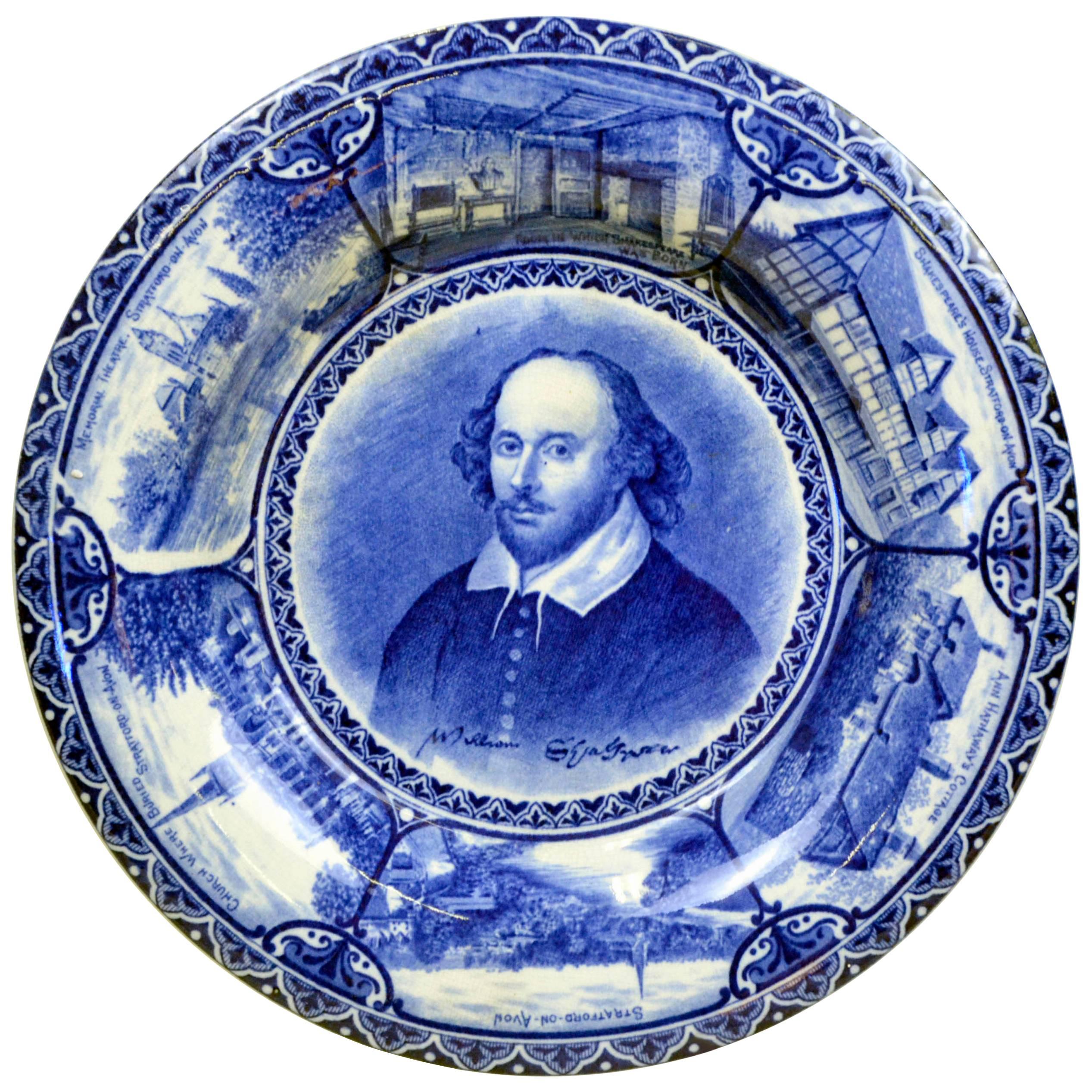 1904 Blue and White Transferware Samuel Hancock W. Shakespeare Souvenir Plate For Sale