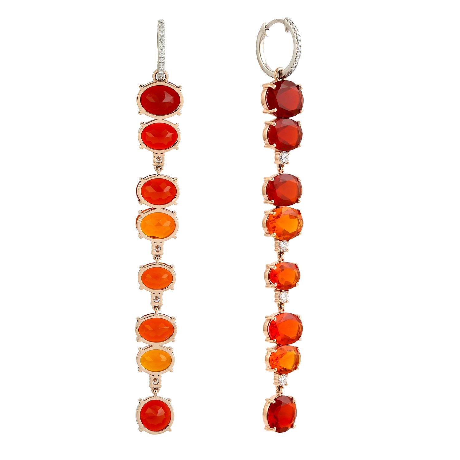 Contemporary 19.04 ct Fire Opal Dangle Earrings With Diamonds Made In 18K Rose Gold For Sale