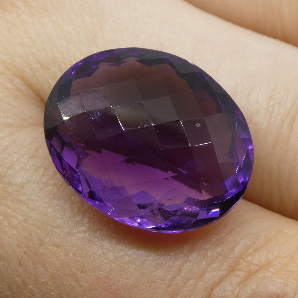 Description:

Gem Type: Amethyst
Number of Stones: 1
Weight: 19.04 cts
Measurements: 20.30x16.40x9 mm
Shape: Oval Checkerboard
Cutting Style Crown: Checkerboard
Cutting Style Pavilion: Modified Brilliant
Transparency: Transparent
Clarity: Very
