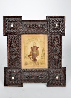 1904 Dutch Souvenir Tramp Art Picture Frame Folk Art Belgium WW1 Soldier Antique
