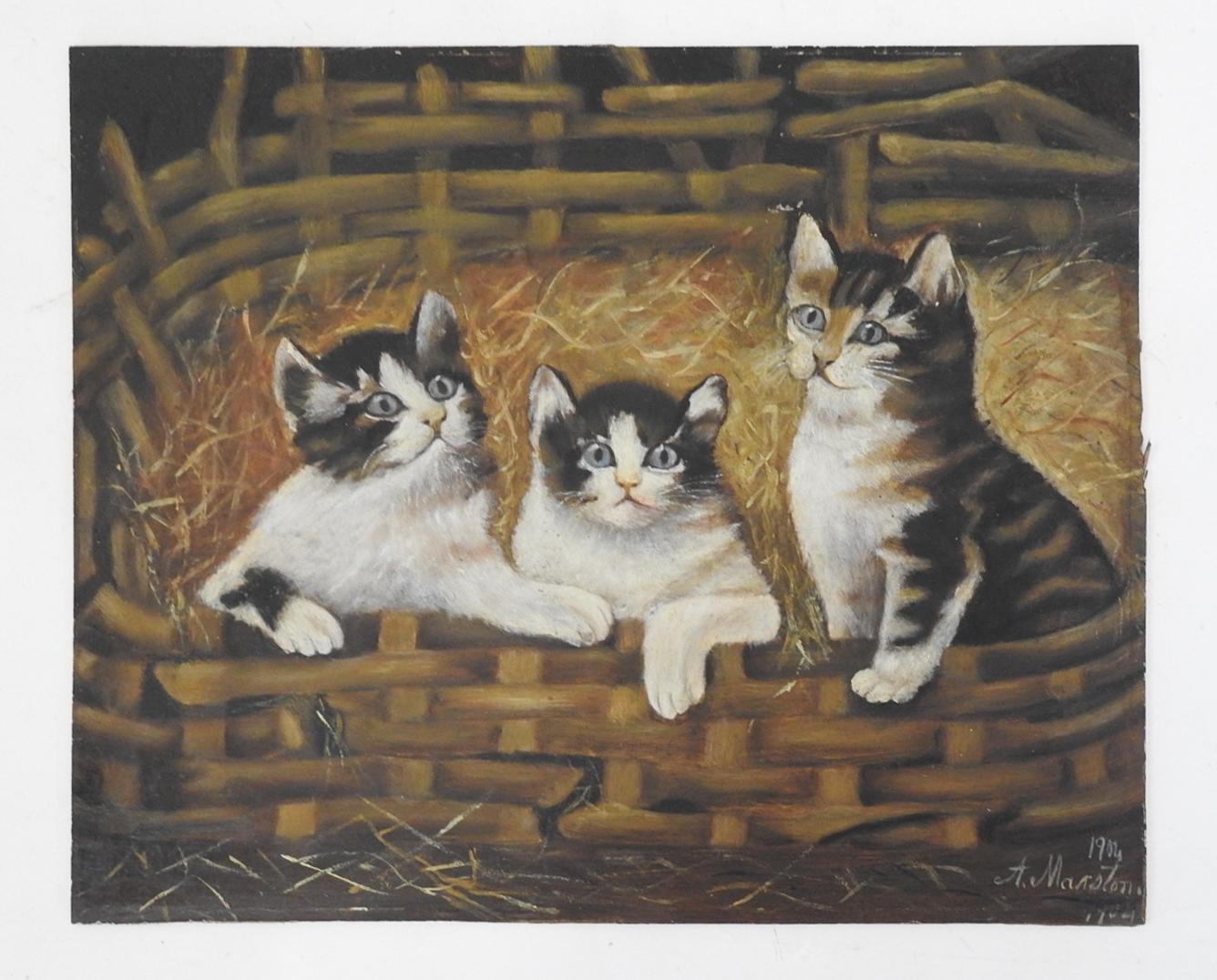 Antique 1904 oil on artist board folk art painting of three kittens in an old basket.  Signed A. Marston and dated 1904 lower right corner.  Note on old backing (Wendell Marston Waitt) Painted by his grandmother age 70 1903, Borne July 14 1884,