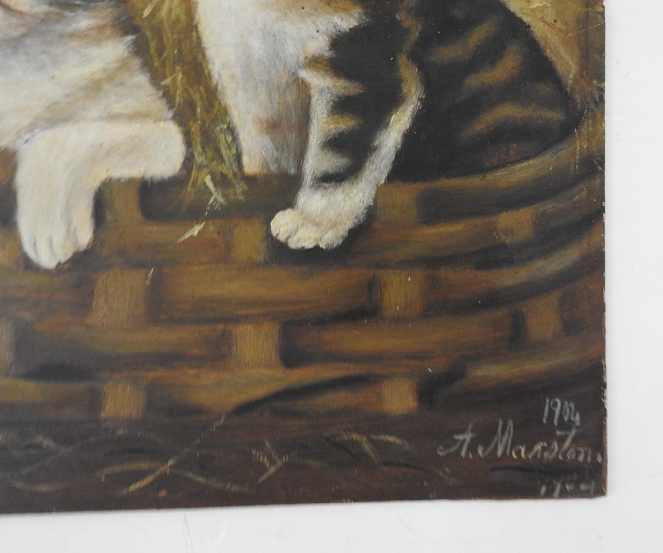 Artisanat 1904 Art populaire Chats chatons dans un panier peinture en vente