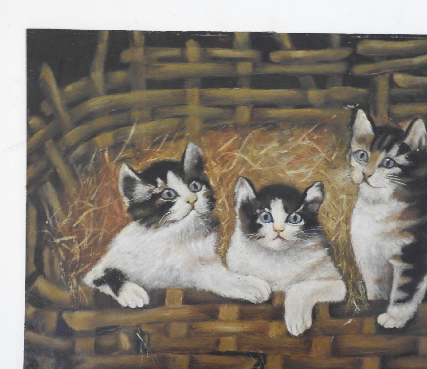 1904 Folk Art Cats Kittens in Basket Painting In Good Condition For Sale In Seguin, TX