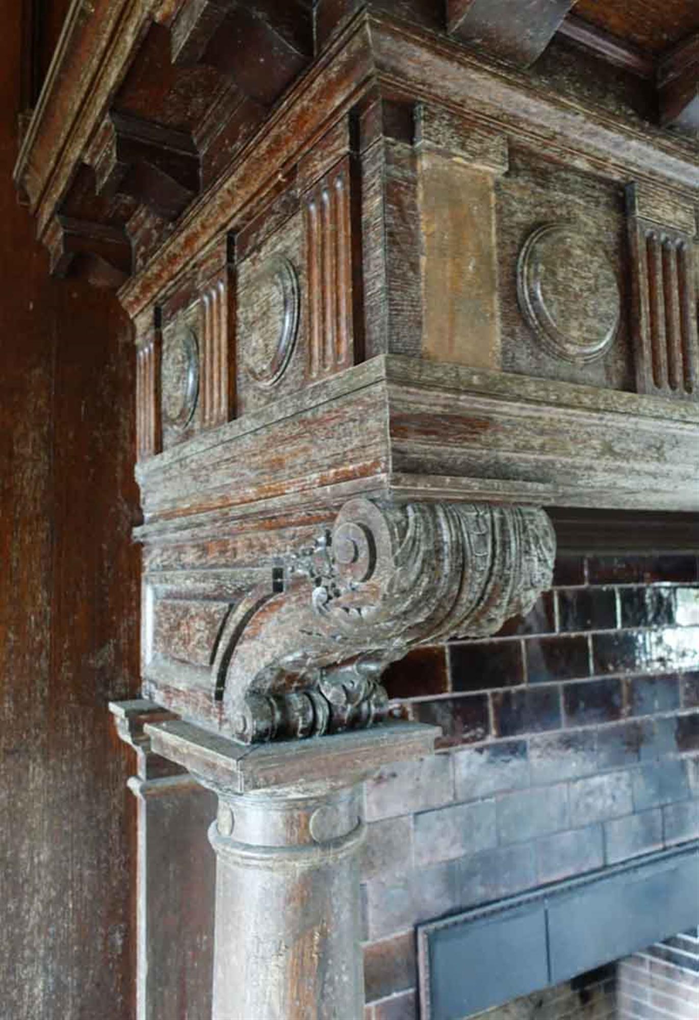 American 1904 Hand Carved Tudor Wood Mantel from The Rose Hill Mansion, Mount Kisco, NY