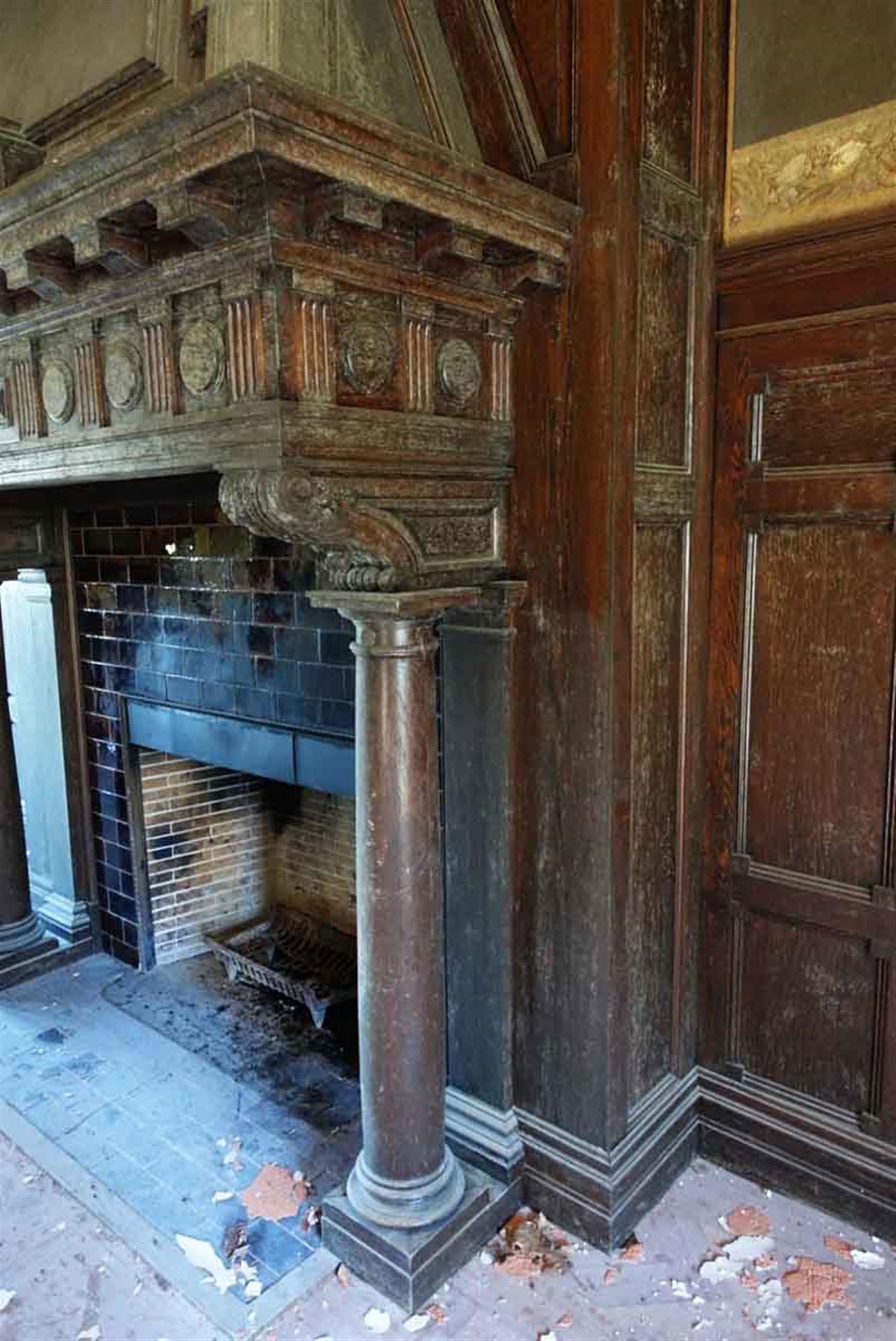 1904 Hand Carved Tudor Wood Mantel from The Rose Hill Mansion, Mount Kisco, NY 1
