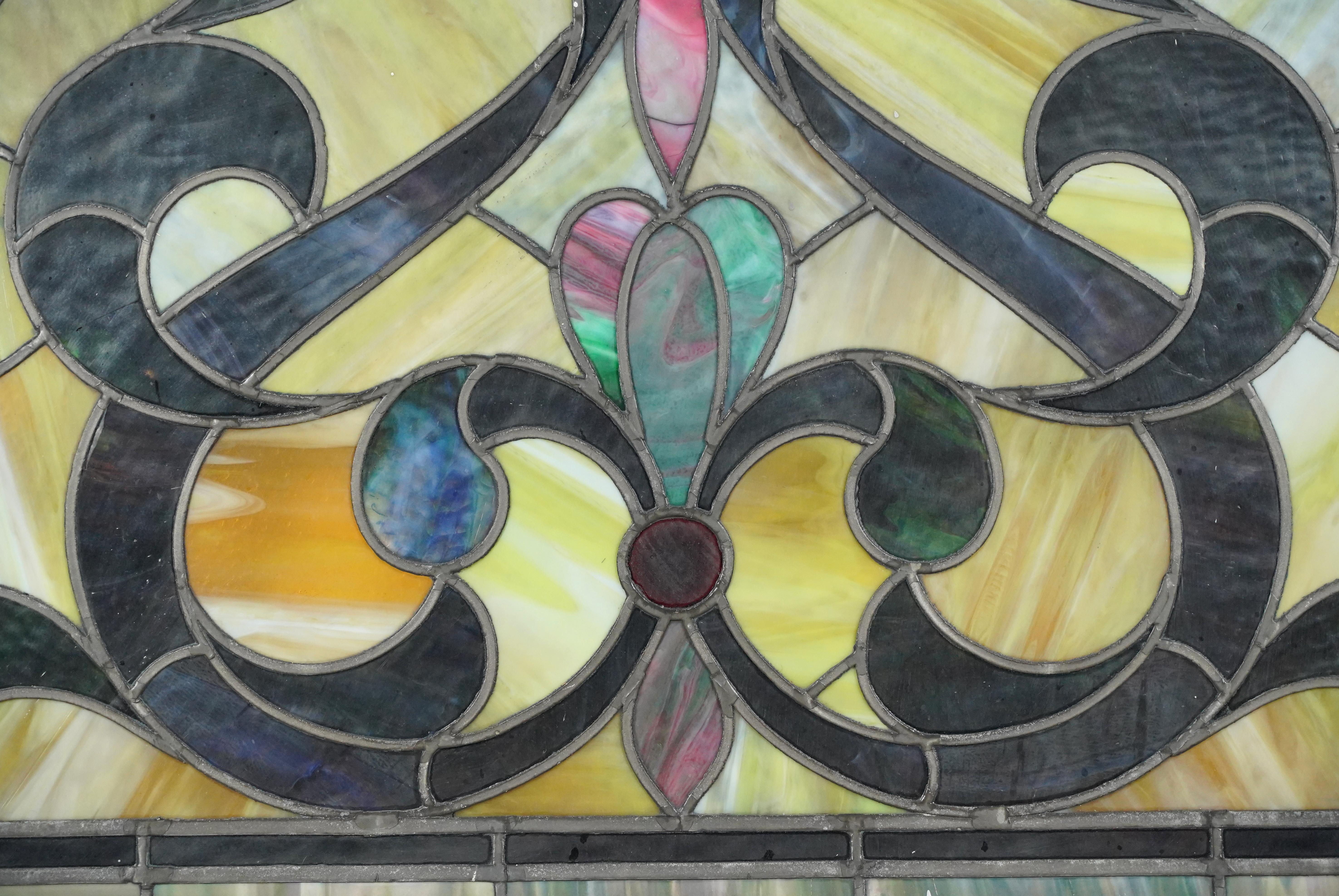 1904 Leaded Stained Glass Arched Church Window For Sale 5