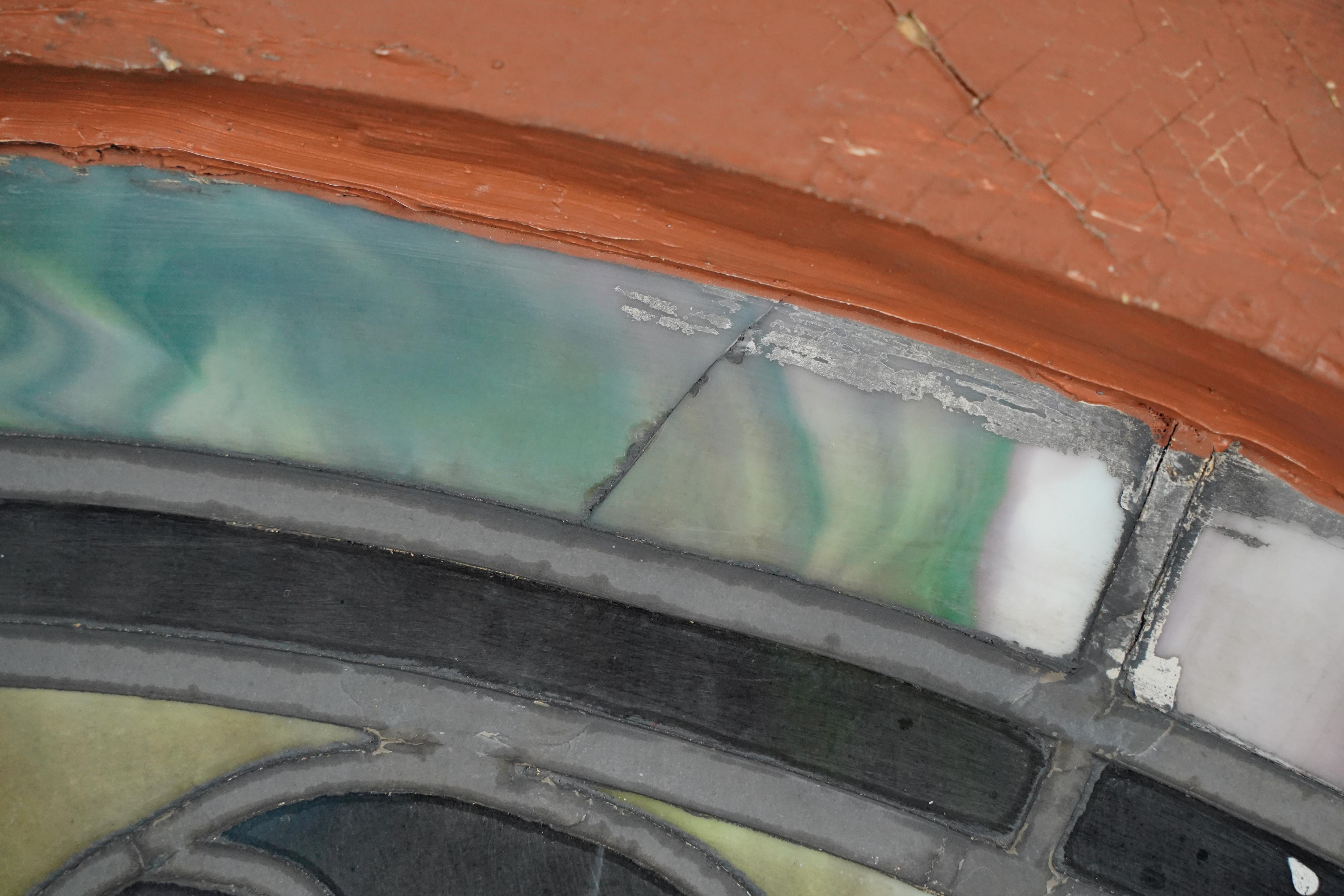 1904 Leaded Stained Glass Arched Church Window For Sale 6