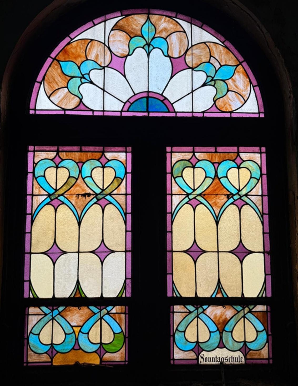 1904 Leaded Stained Glass Arched Church Window For Sale 10