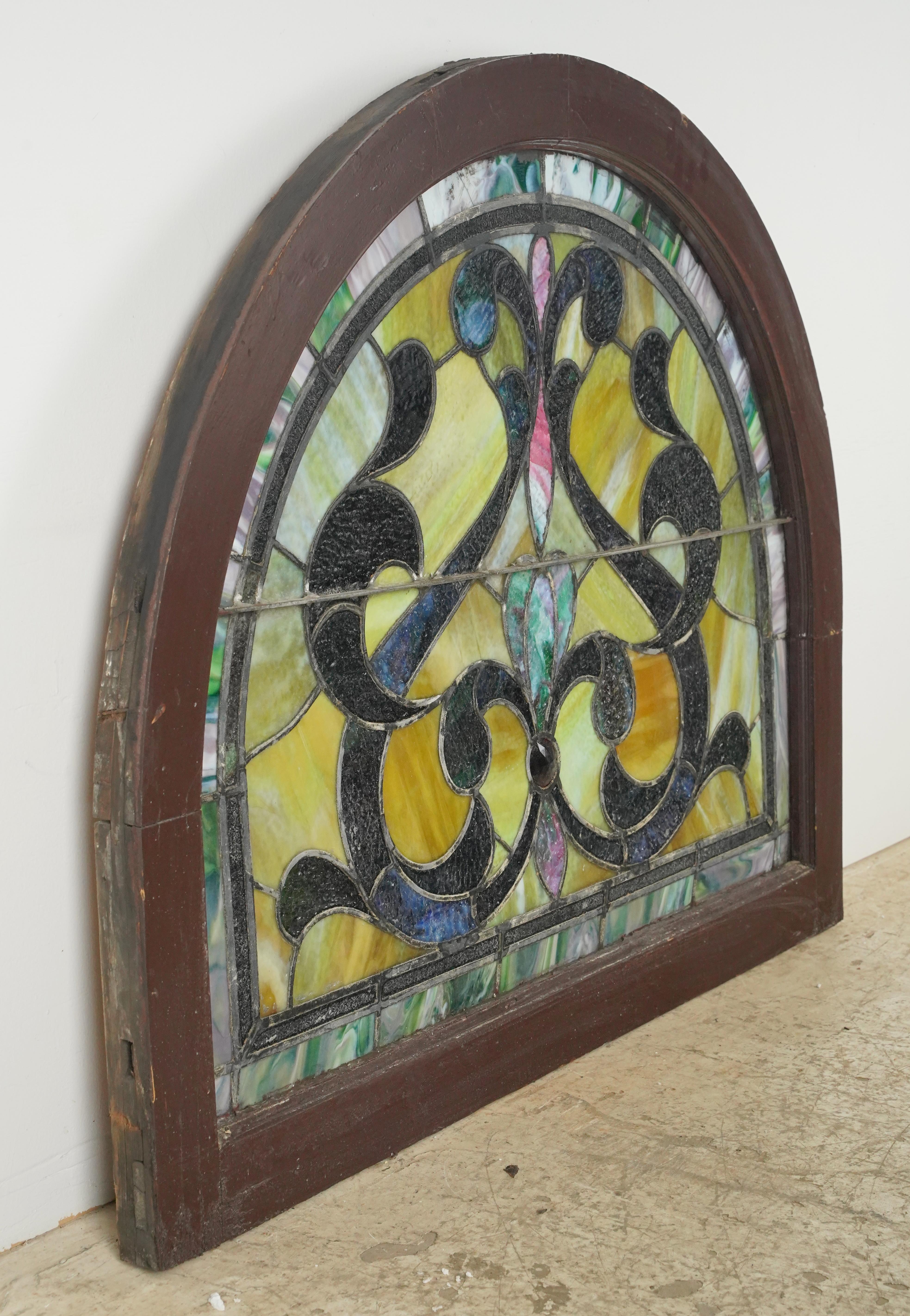 American 1904 Leaded Stained Glass Arched Church Window For Sale