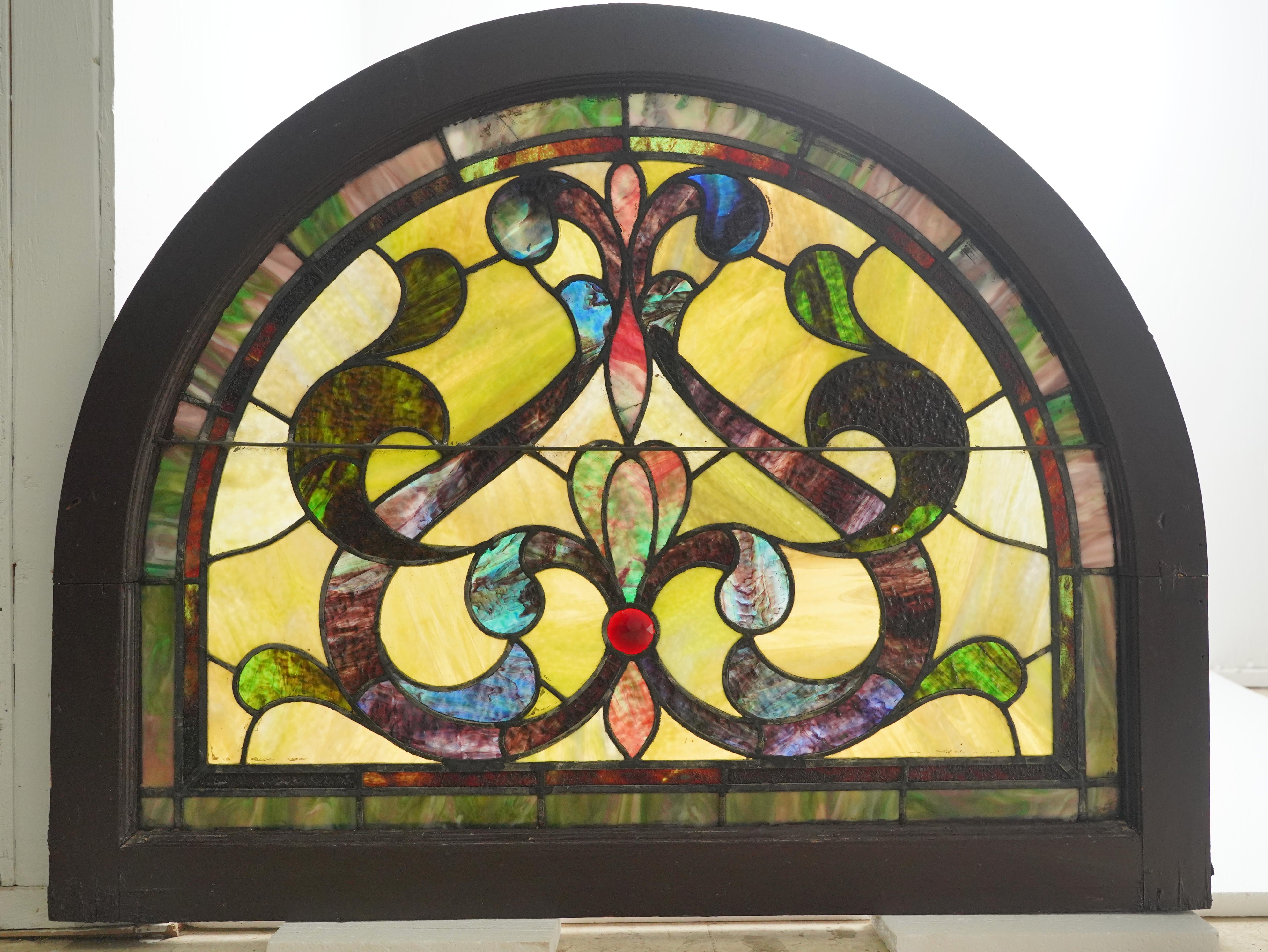 1904 Leaded Stained Glass Arched Church Window In Good Condition For Sale In New York, NY