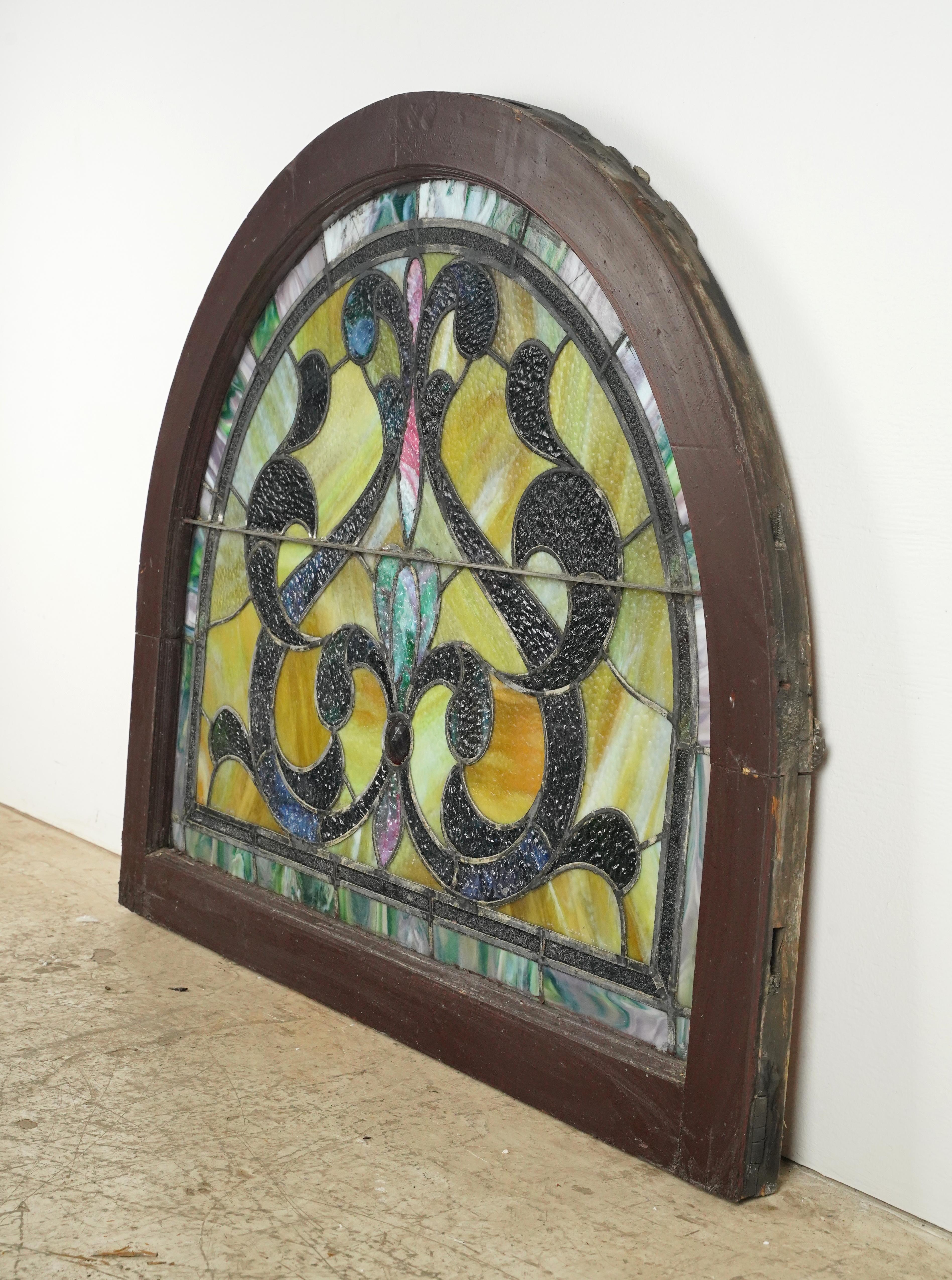 1904 Leaded Stained Glass Arched Church Window For Sale 2