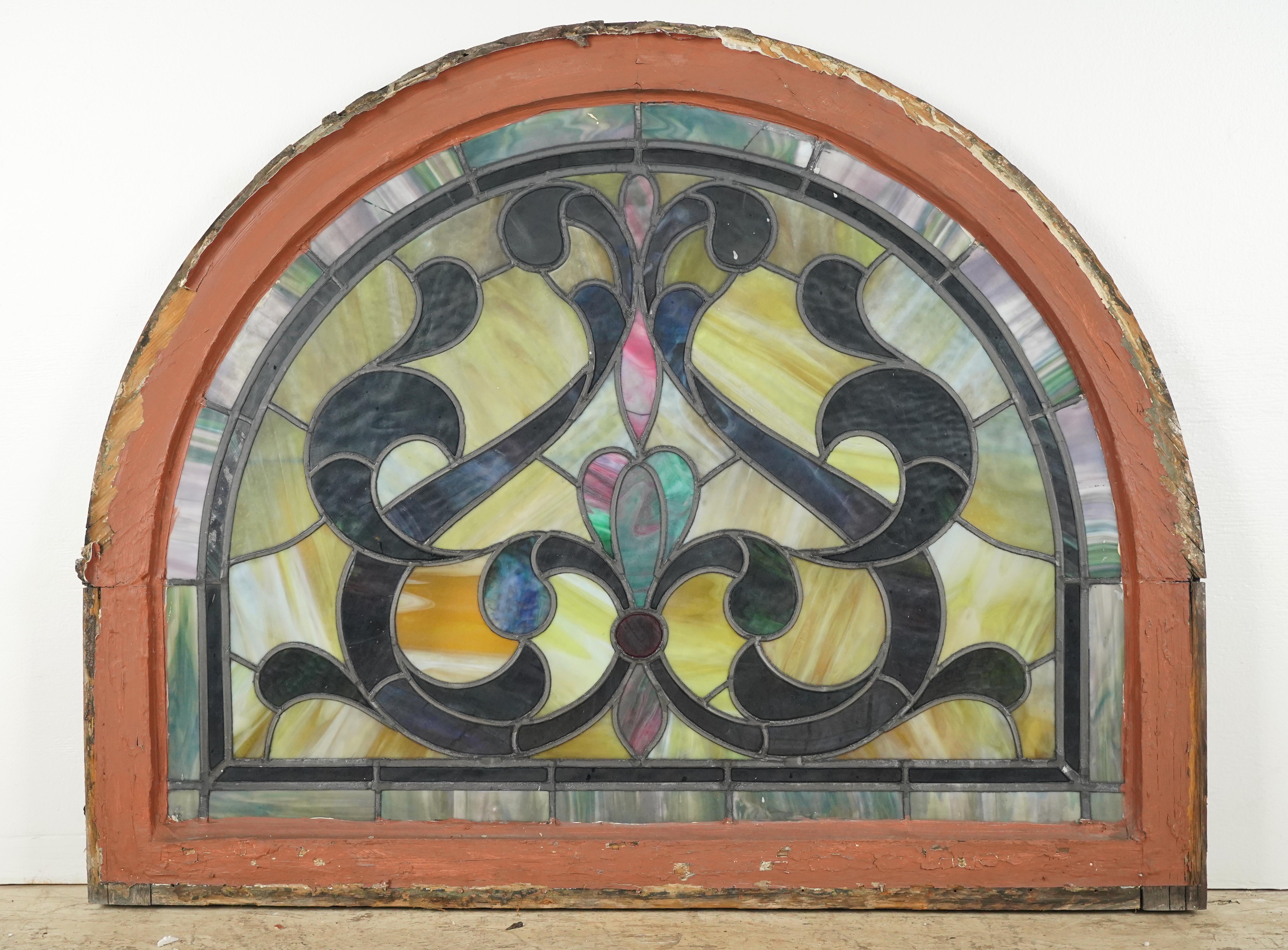 1904 Leaded Stained Glass Arched Church Window For Sale 4
