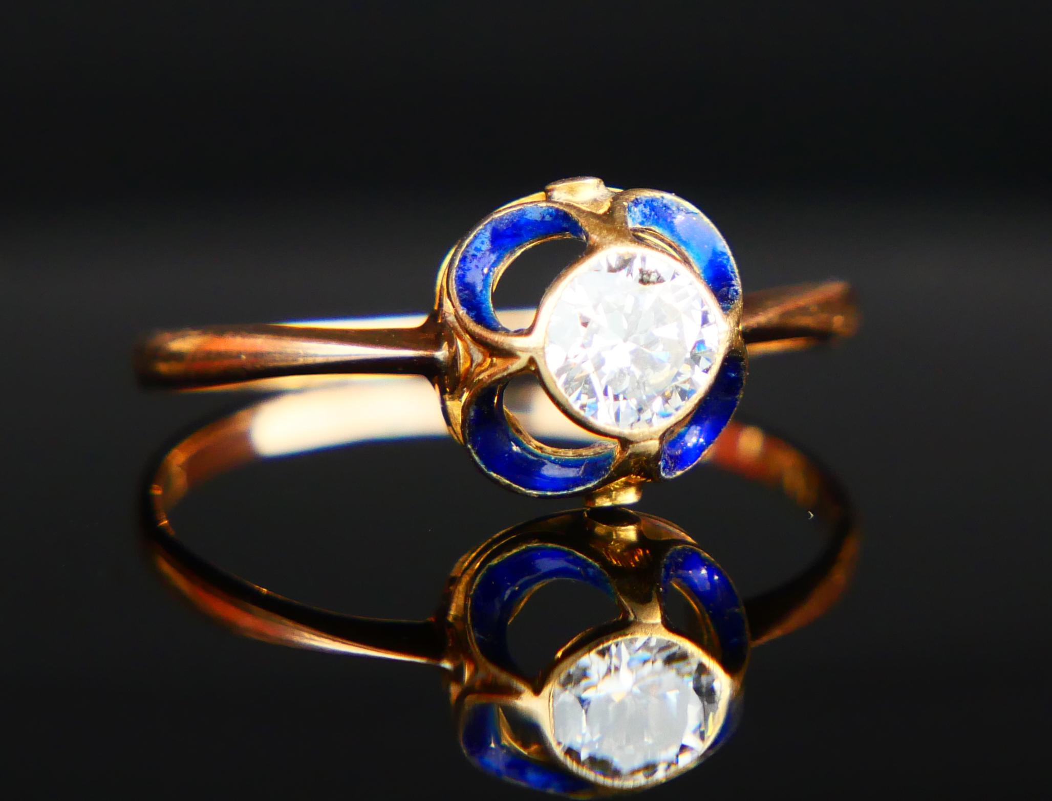 1904 Nordischer Jugendstil Ring 05ct. Diamant-Blau-Emaille 18K Gold ØUS9.5/2.5gr im Angebot 5