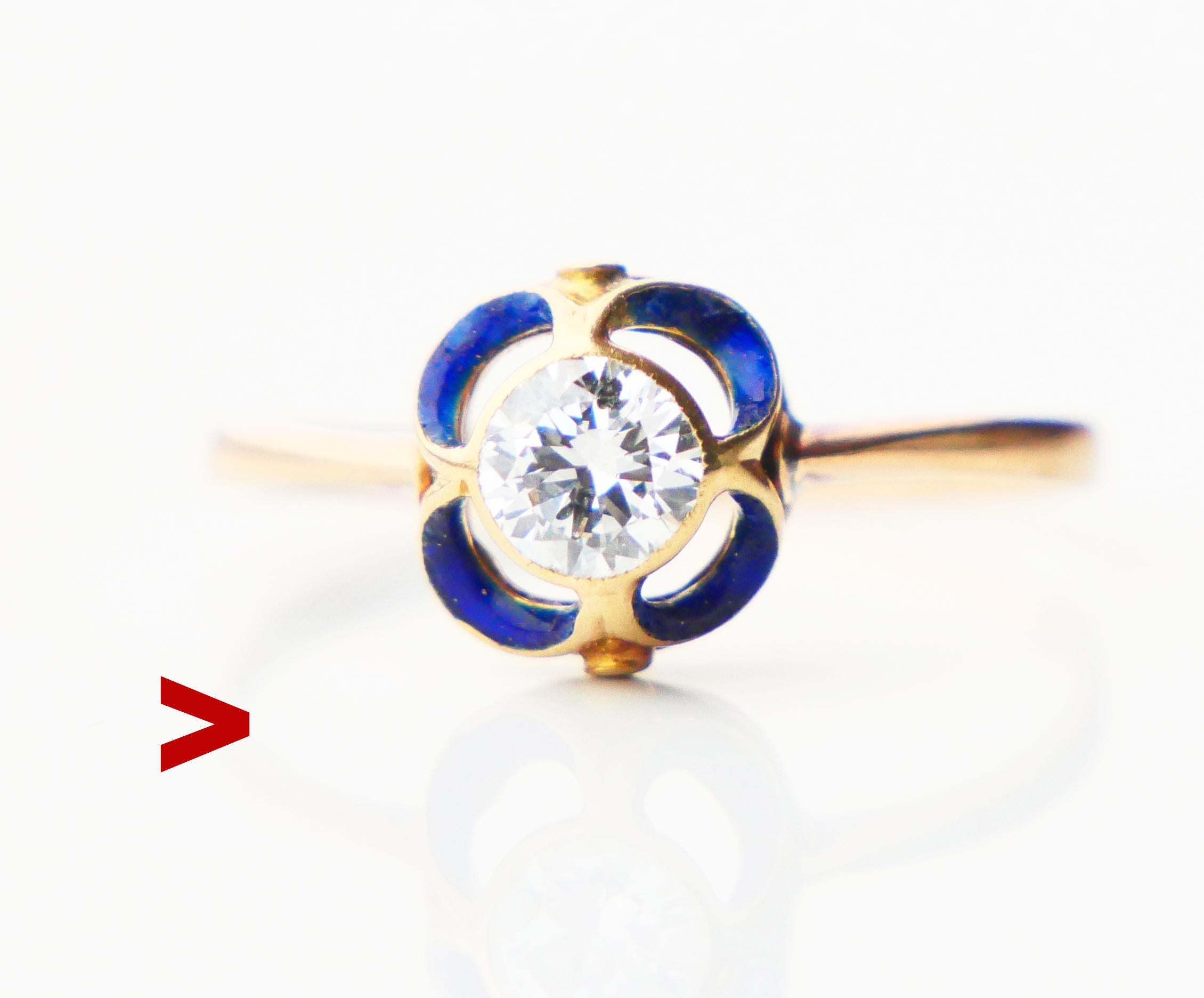 

Elegant Art Nouveau period Diamond and Blue Enamel Ring. Band in solid 18ct Rose Gold and crown in 18K Yellow Gold accented with Cobalt Blue Enamel.

Diamond of old European cut Ø 5 mm x 3 mm deep / ca. 0.5ct color ca. F.G / SI . Particle close to