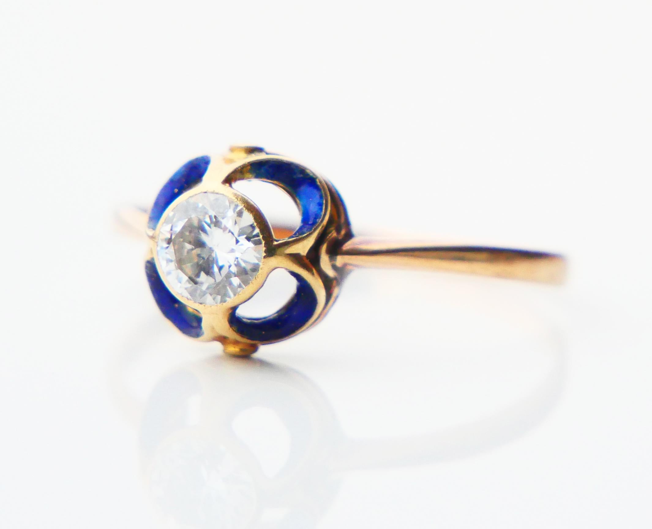 Old European Cut 1904 Nordic Art Nouveau Ring 05ct. Diamond Blue Enamel 18K Gold ØUS9.5/2.5gr For Sale