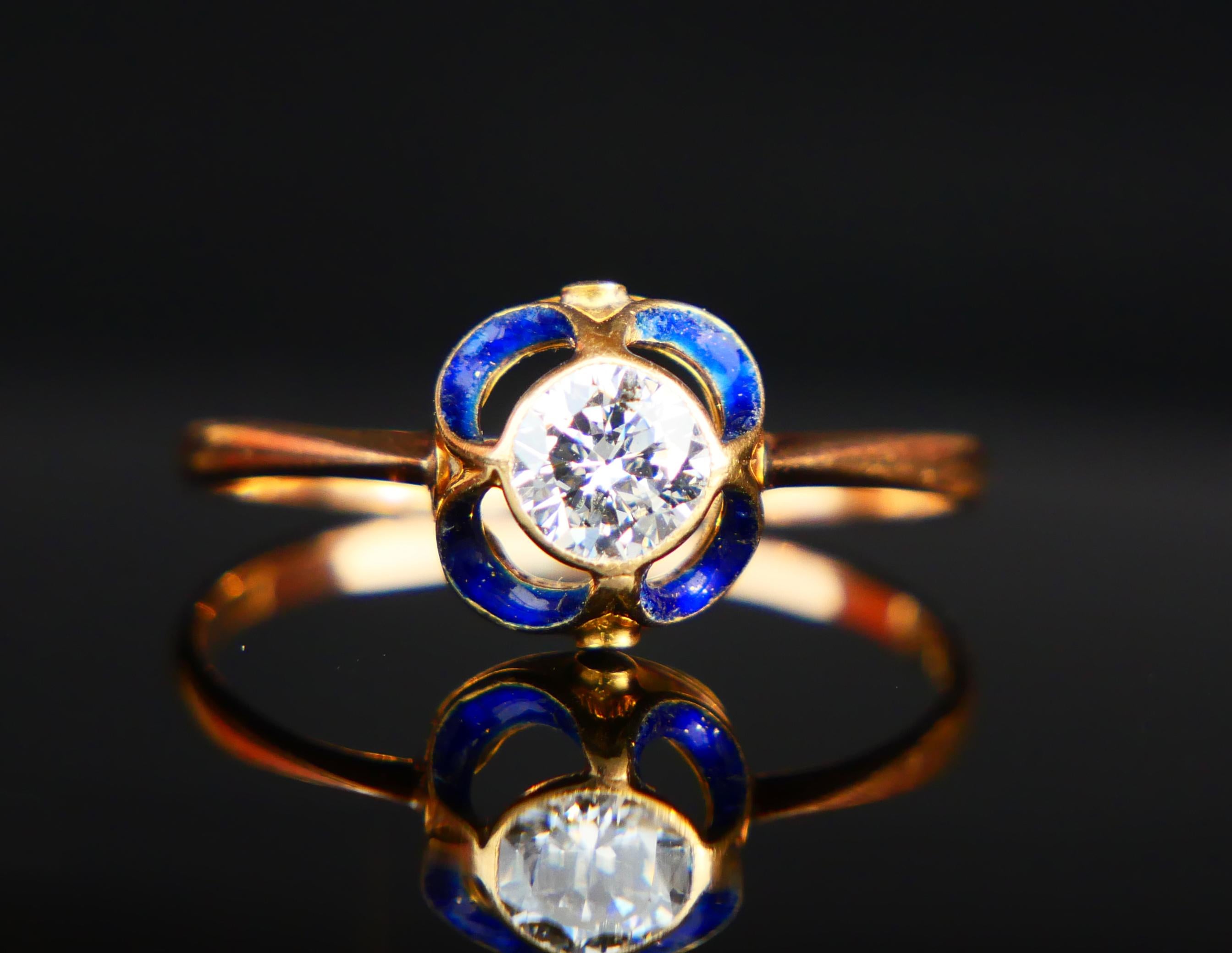 1904 Nordischer Jugendstil Ring 05ct. Diamant-Blau-Emaille 18K Gold ØUS9.5/2.5gr im Angebot 3