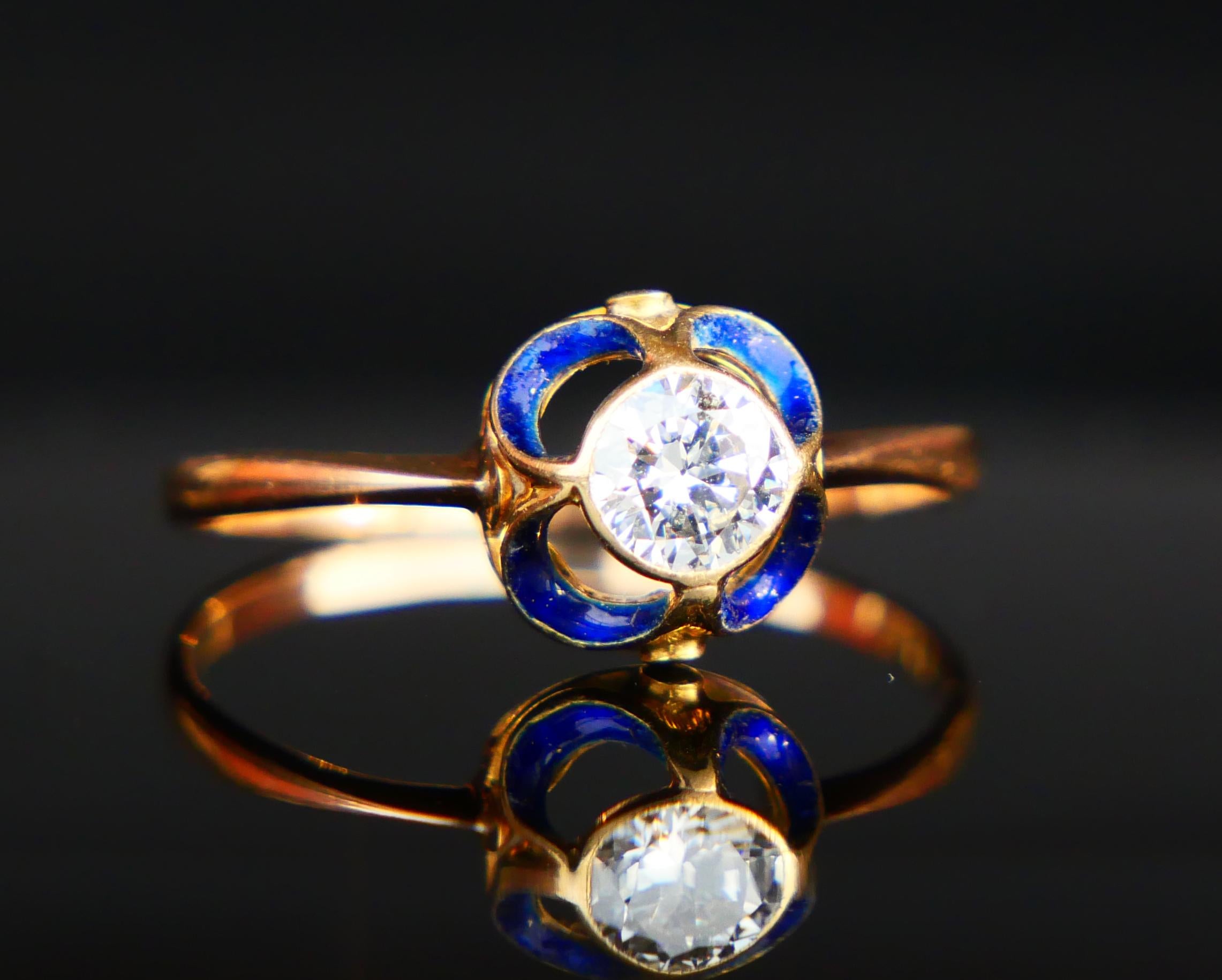 1904 Nordischer Jugendstil Ring 05ct. Diamant-Blau-Emaille 18K Gold ØUS9.5/2.5gr im Angebot 4