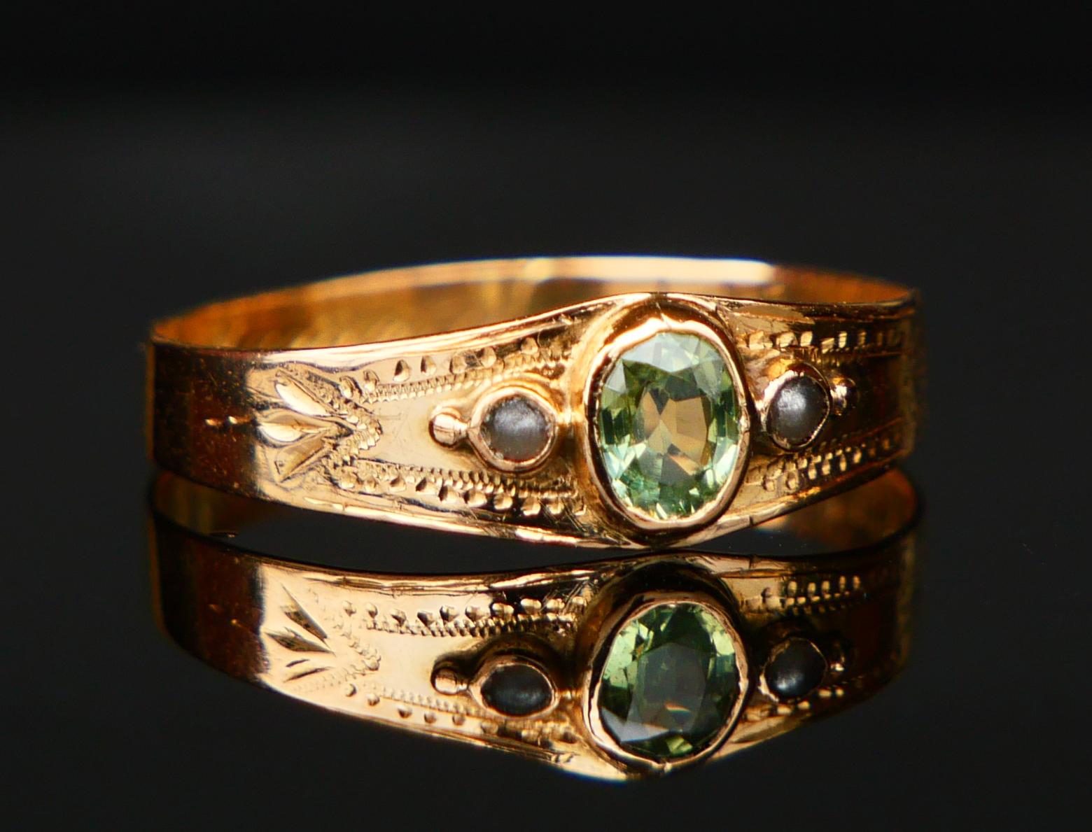 1904 Ring natürlicher grüner Saphir Perlen massiv 18K Gold Ø US8 / 1.5gr (Art déco) im Angebot