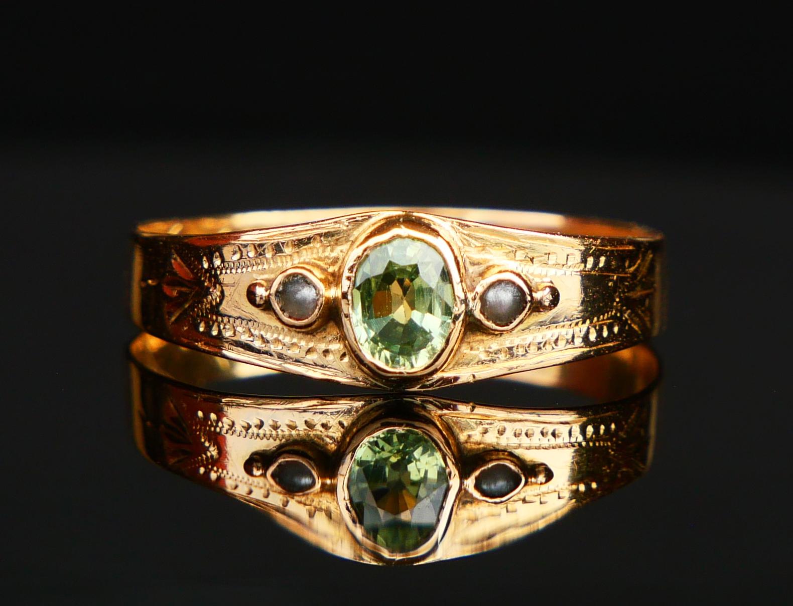 1904 Ring natürlicher grüner Saphir Perlen massiv 18K Gold Ø US8 / 1.5gr Damen im Angebot
