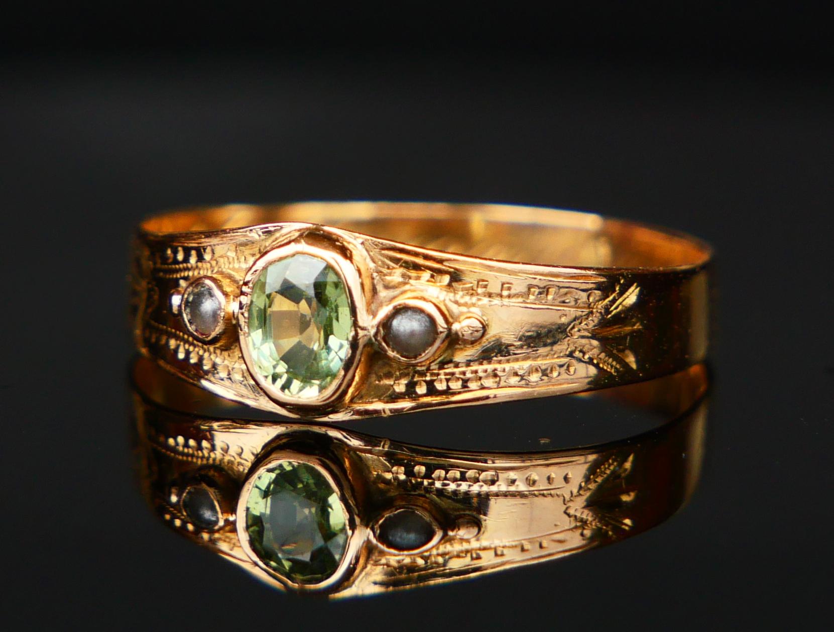 1904 Ring natürlicher grüner Saphir Perlen massiv 18K Gold Ø US8 / 1.5gr im Angebot 1
