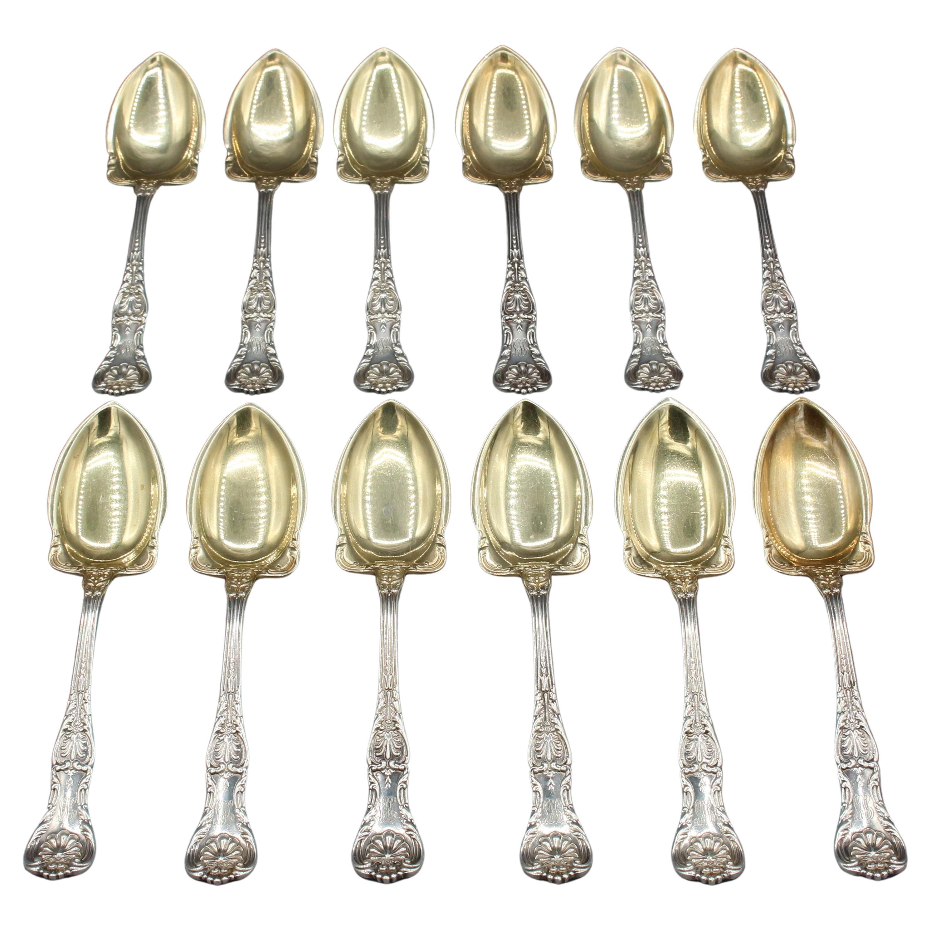 1904 Set of 12 Sterling Silver Fruit Spoons in "King George" by Gorham For Sale