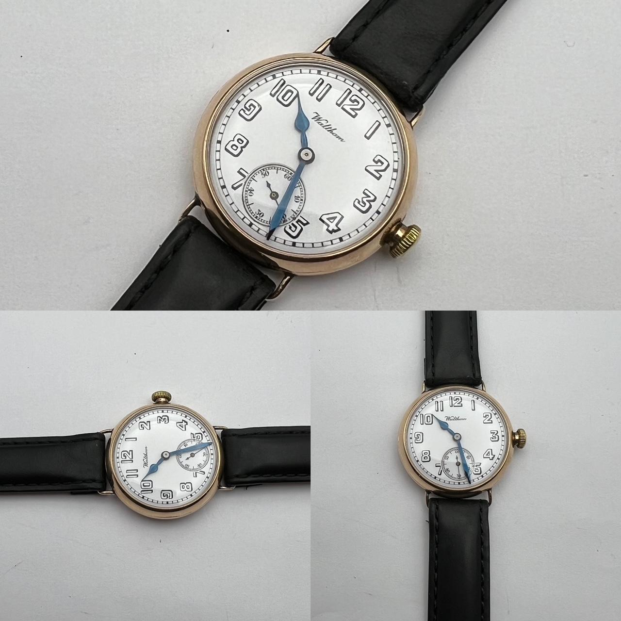 What an incredible offering. How about an English Waltham Trench Watch with a rare shadow box military dial from the famous Dennison watch case manufacturing company.

Examine this case very carefully: It is a solid gold, 9 karat Case by the House
