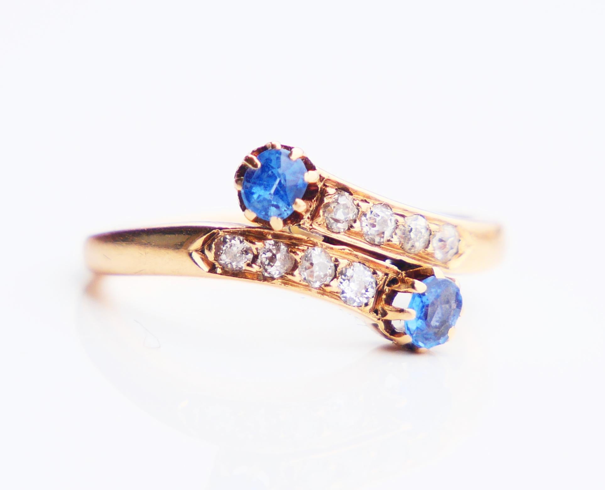 Art Nouveau period Swedish Toi et Moi Ring featuring solid 18K Yellow Gold twisted frame with claw set two old oval cut natural Ceylon Sapphires of Cornflower /Light Blue color 3 mm x 2.25 mm x 1.75 mm deep/ca.0.3ct each accented with eight pave set
