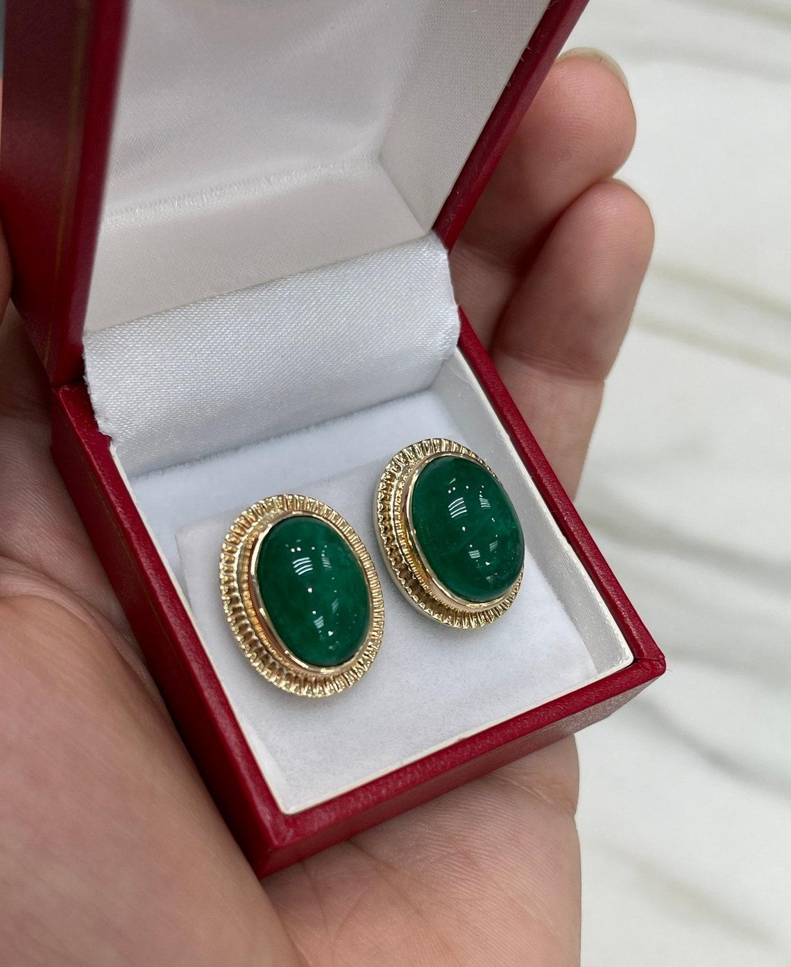 Victorian 19.04tcw Colombian Emerald Dark Green Cabochon Vintage Handmade Earrings 14K For Sale