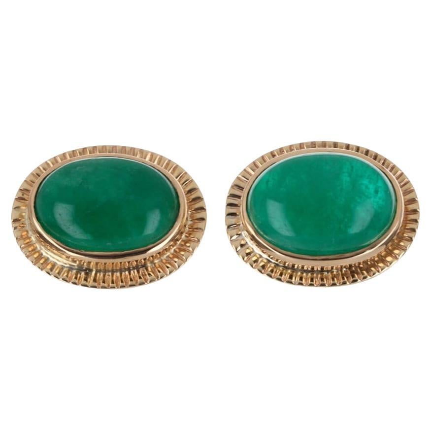 19.04tcw Colombian Emerald Dark Green Cabochon Vintage Handmade Earrings 14K