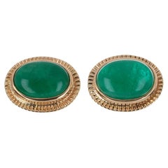 19.04tcw Colombian Emerald Dark Green Cabochon Vintage Handmade Earrings 14K