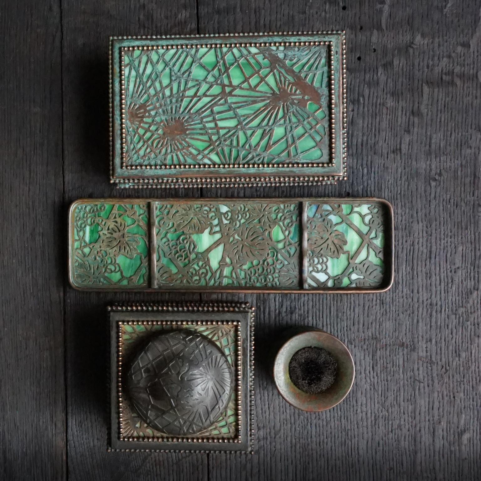 1905-1920 Green Slag Glass and Bronze Desk Set by Tiffany Studios New York 13